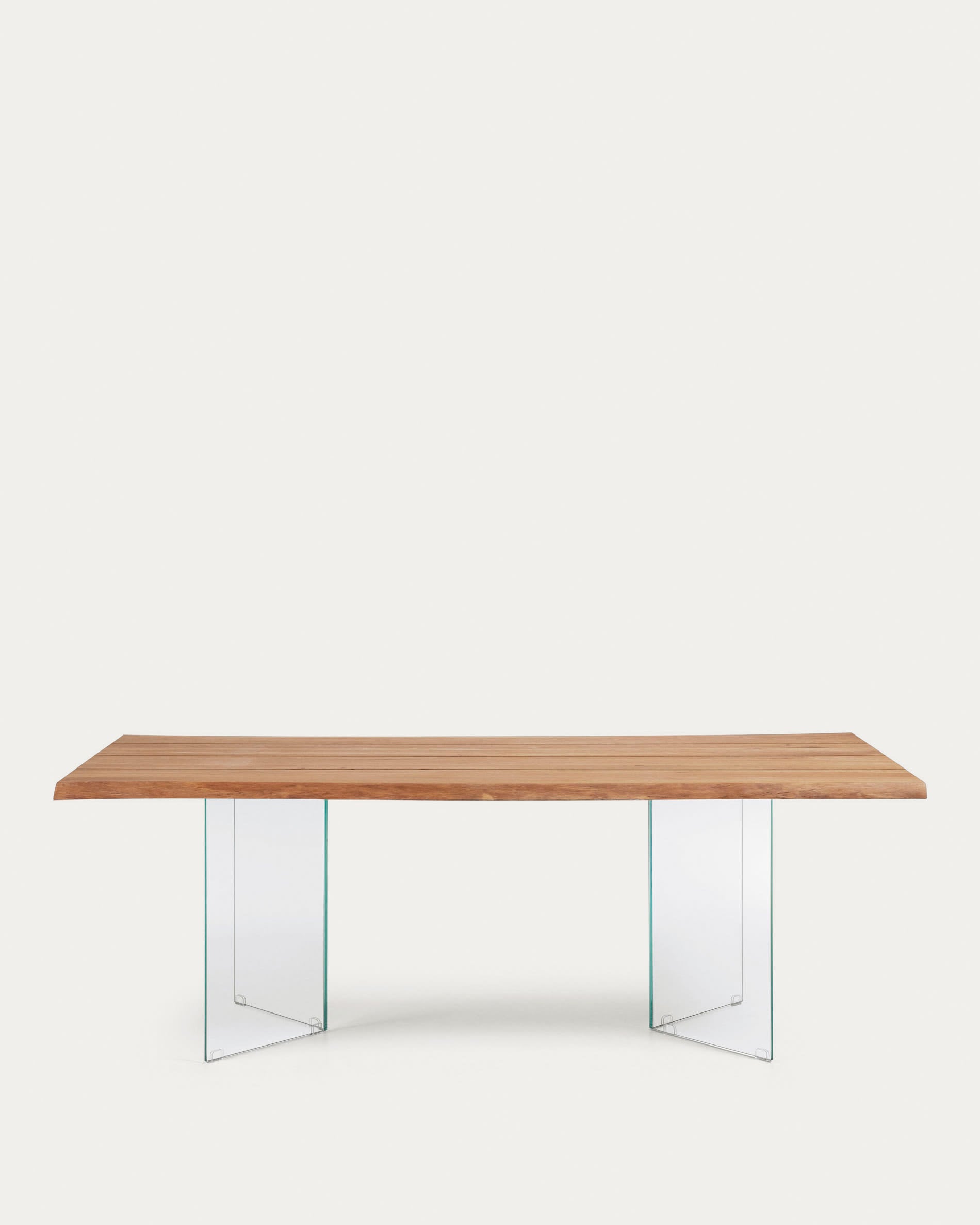 Eleganter Esstisch Lotty aus Eichenfurnier mit natürlichem Finish und stabilen Glasbeinen, 220 x 100 cm, ideal für moderne Wohnräume.