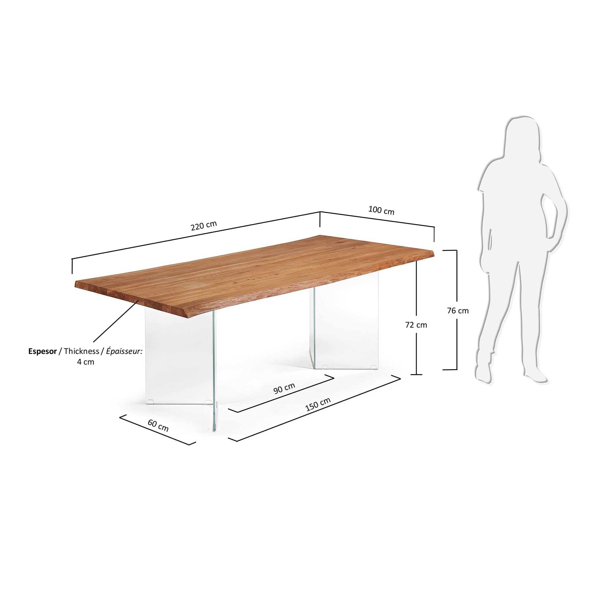 Stilvoller Lotty Tisch von Kave Home, 220 x 100 cm, aus edlem Eichenfurnier mit transparenten Glasbeinen für ein elegantes Wohnambiente.