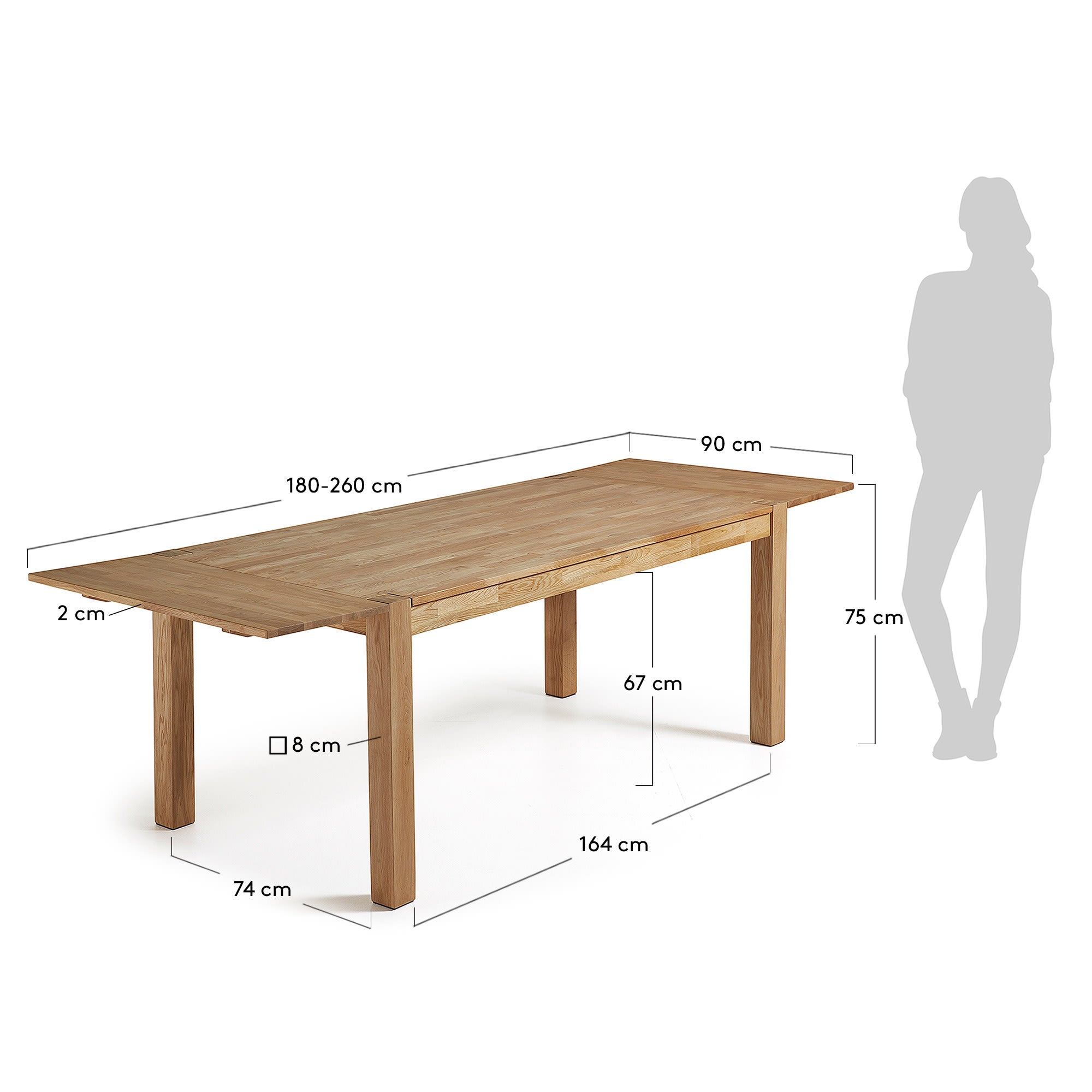 Der Isbel Tisch von Kave Home, aus robustem Eichenholz, vereint elegantes Design mit praktischer Erweiterbarkeit von 180 auf 260 cm.