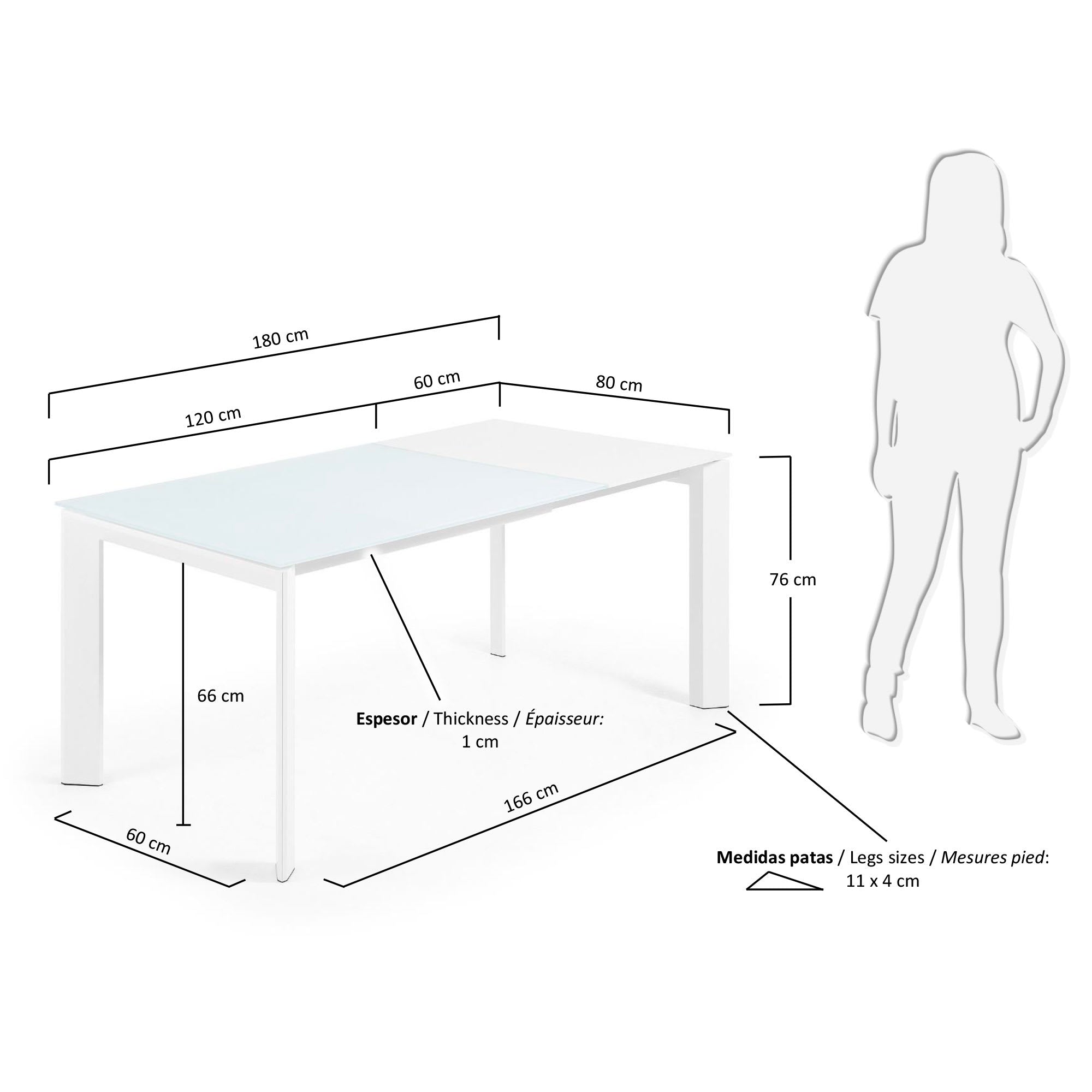 Eleganter Axis Ausziehtisch von Kave Home mit weißer Glasplatte und robusten Stahlbeinen, ideal für gesellige Anlässe und platzsparend.