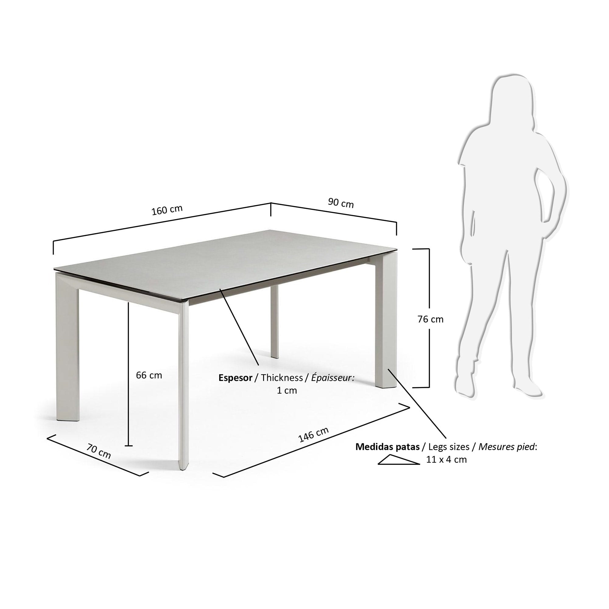 Moderner Ausziehtisch von Kave Home, 160-220 cm, mit robuster Feinsteinzeugplatte und grauen Beinen – ideal für stilvolle Esszimmer.