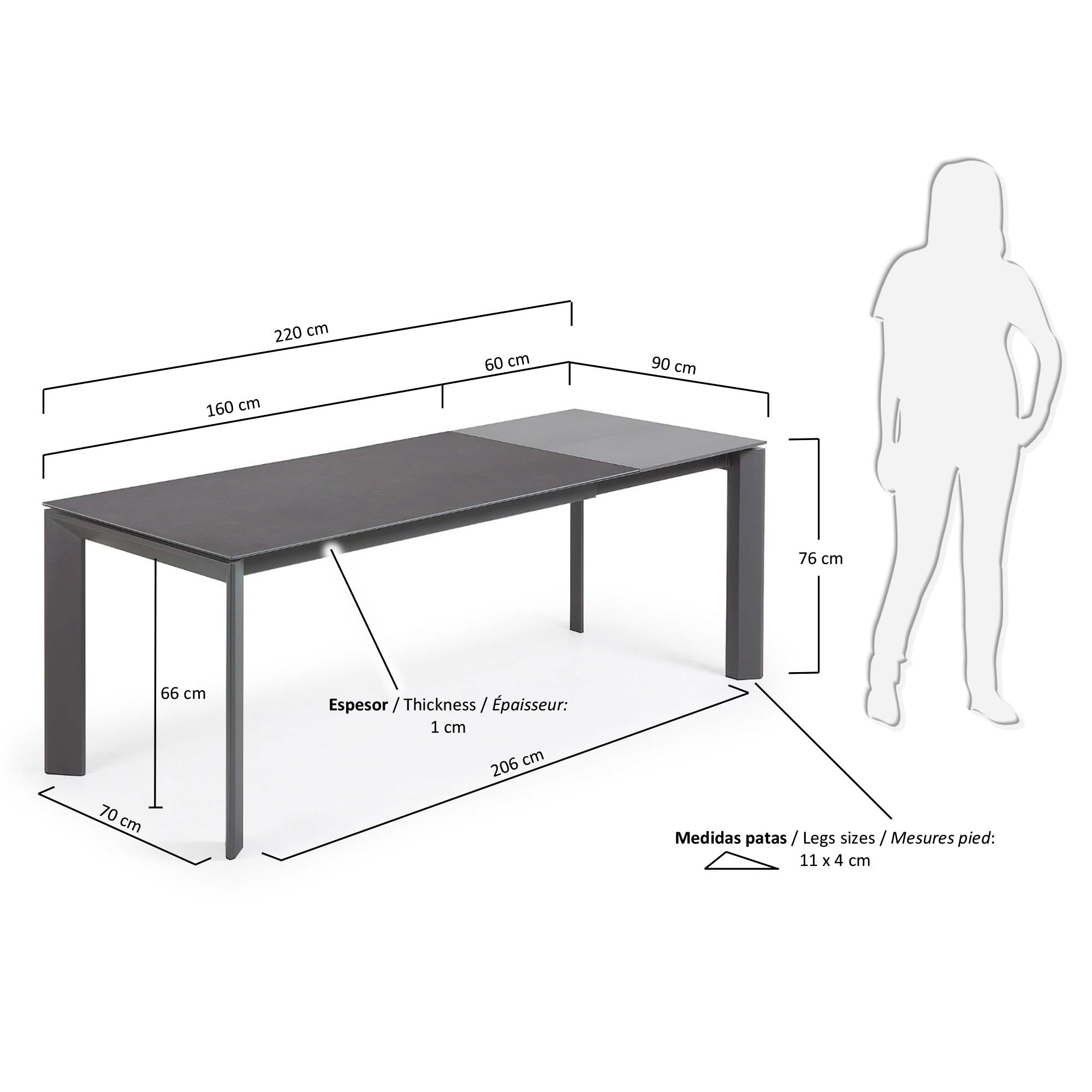 Eleganter Axis Ausziehtisch von Kave Home mit langlebiger Feinsteinzeug-Oberfläche in Vulcano Roca und stabilen, dunklen Beinen, ausziehbar bis 220 cm.