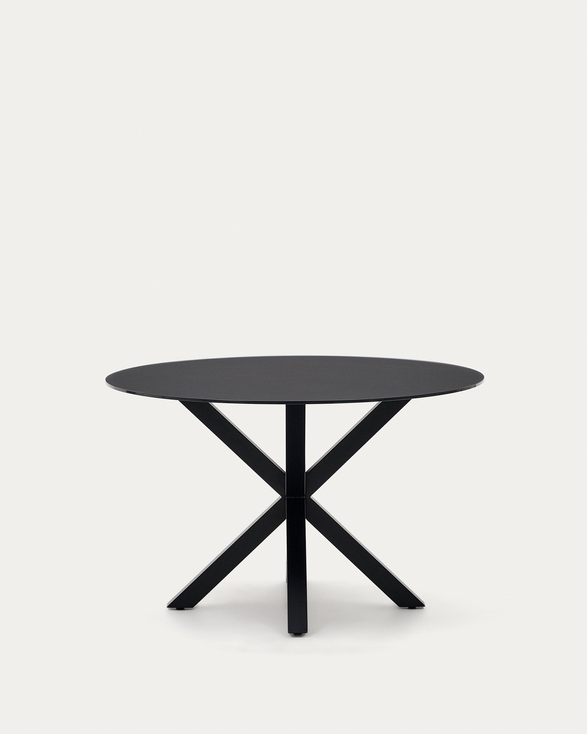 Moderner runder Tisch Argo, Ø 120 cm, schwarzes Glas, stabile schwarze Stahlbeine, stilvoll und funktional.