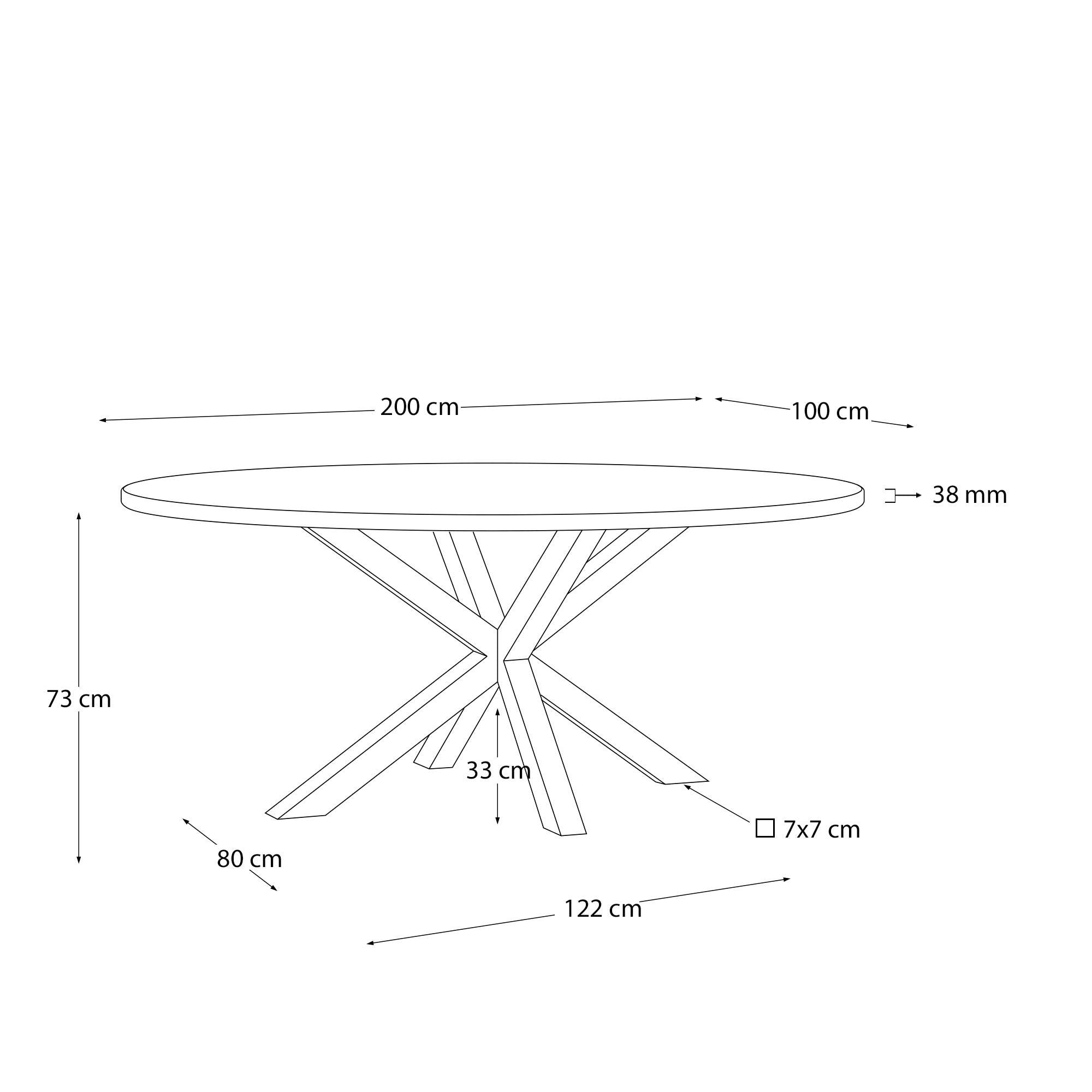 Ovaler Esstisch Argo aus massivem Akazienholz mit eleganten weißen Stahlbeinen, Ø 200 x 100 cm – perfekt für gesellige Abende und stilvolle Einrichtung.