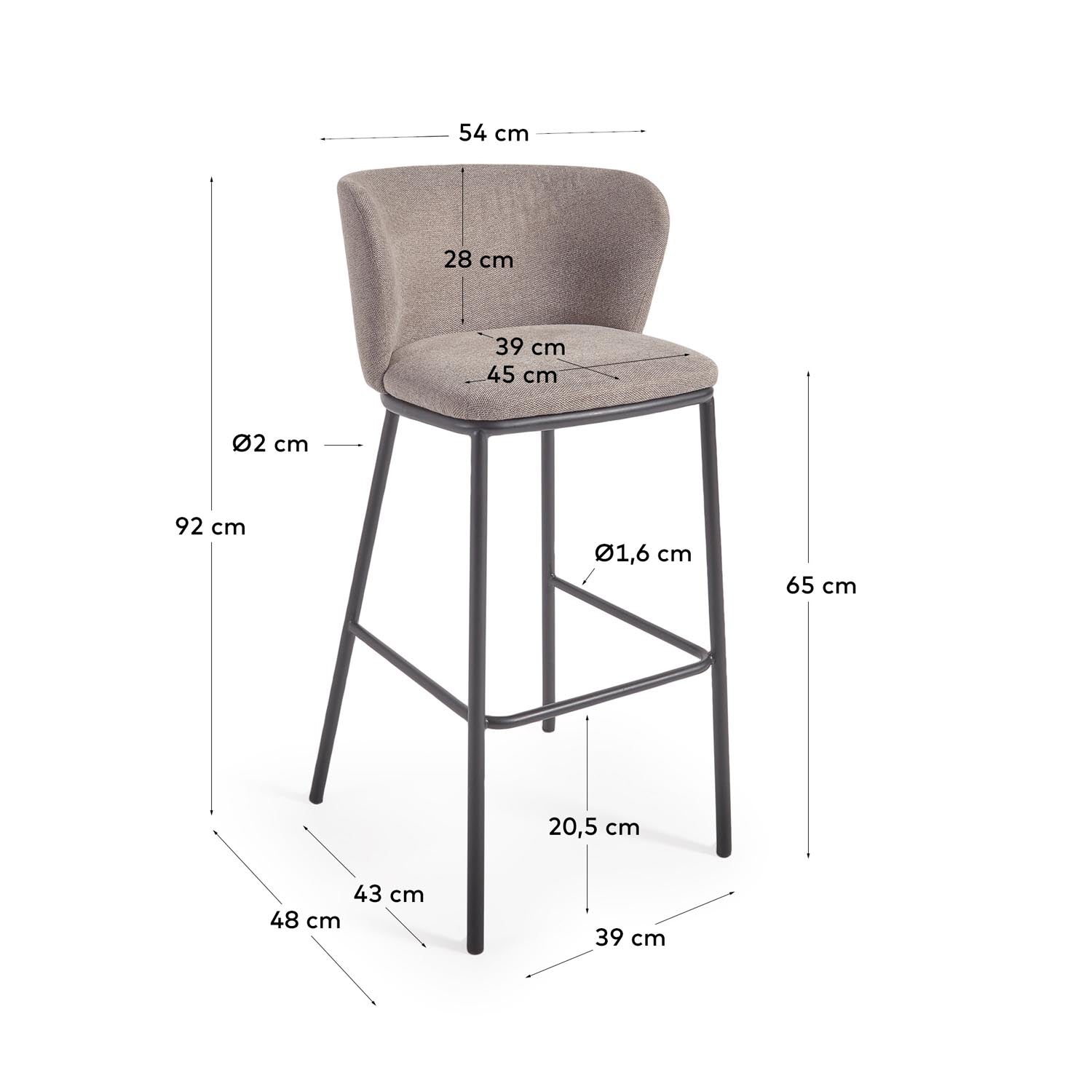 Ciselia Hocker in sanftem Hellbraun aus Chenille mit robusten schwarzen Stahlbeinen, perfekt für stilvolle Bar- und Küchentheken, Höhe 65 cm.