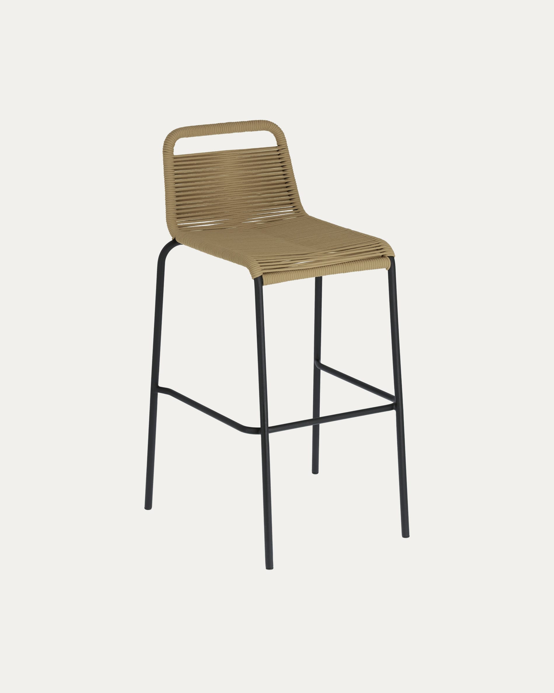 3D-Modell: Lambton Hocker, braunes Seil, schwarzer Stahl, 74 cm, stapelbar, wetterfest, ideal für Terrasse, stilvoll.