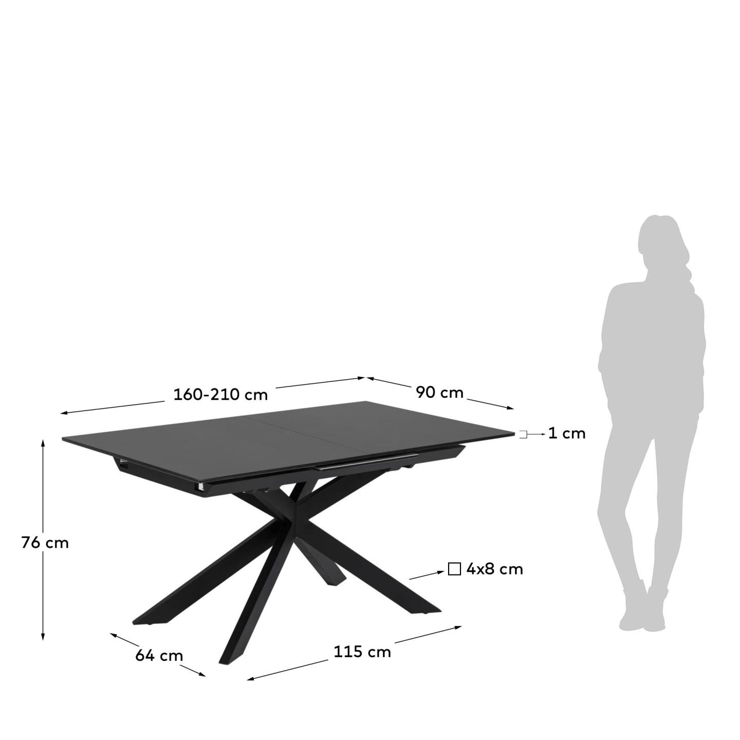 Moderner Atminda Ausziehtisch von Kave Home, 160-210 x 90 cm, mit eleganter Glasoberfläche und robusten Stahlbeinen – ideal für stilvolle Essbereiche.