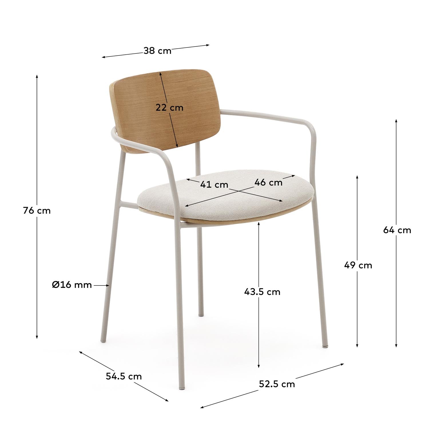 Stilvoller Maureen Stuhl aus Pappelschichtholz mit hellem Finish und stabilen Metallbeinen in Beige. Ideal für modernes Wohnen und platzsparend.