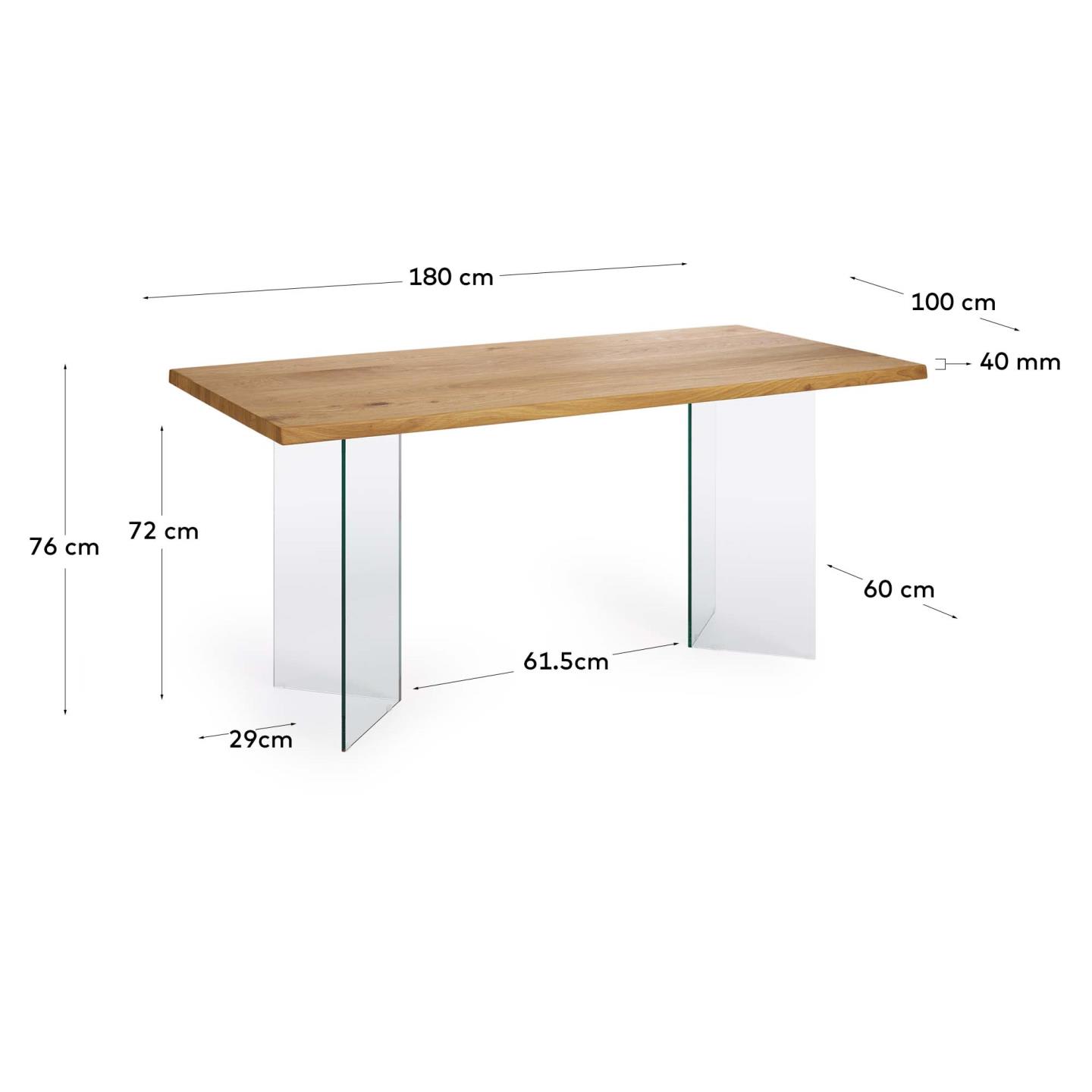 Moderner Lotty Tisch aus Eichenfurnier mit Glasbeinen, 180 x 100 cm, bringt natürliche Eleganz und Leichtigkeit in Ihr Zuhause.