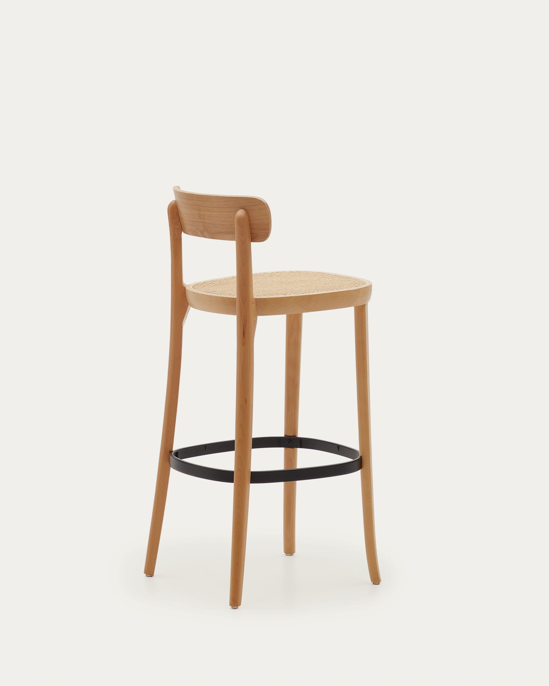 Moderner Barstuhl Romane aus Buchenholz, 75 cm hoch, mit Eschenfurnier und Rattan, perfektes Design für gemütliche Bars und Essbereiche.
