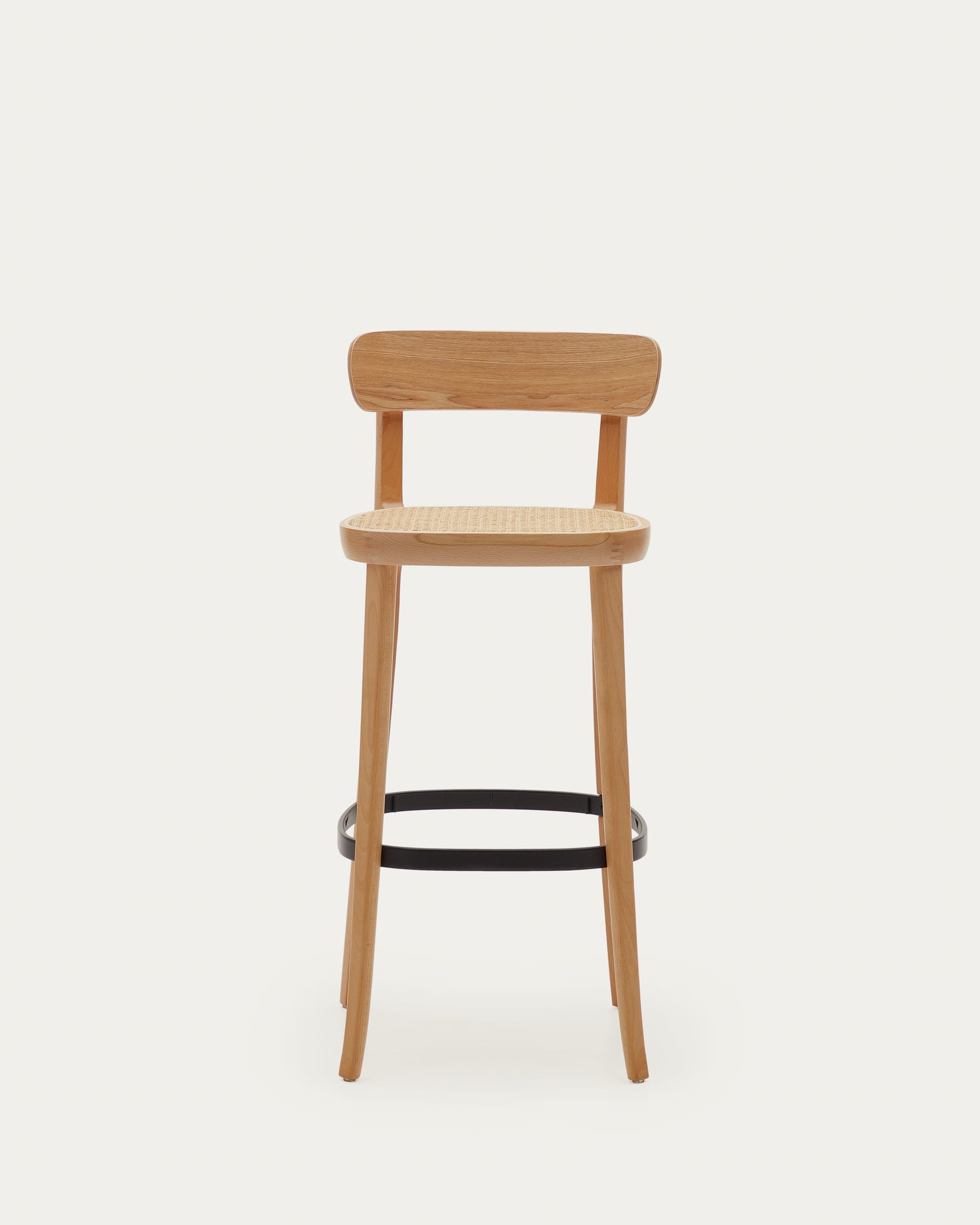 Eleganter Romane Hocker aus Buchenholz mit Rattan und Eschenfurnier, 75 cm hoch, ideal für stilvolle Barbereiche und moderne Inneneinrichtungen.
