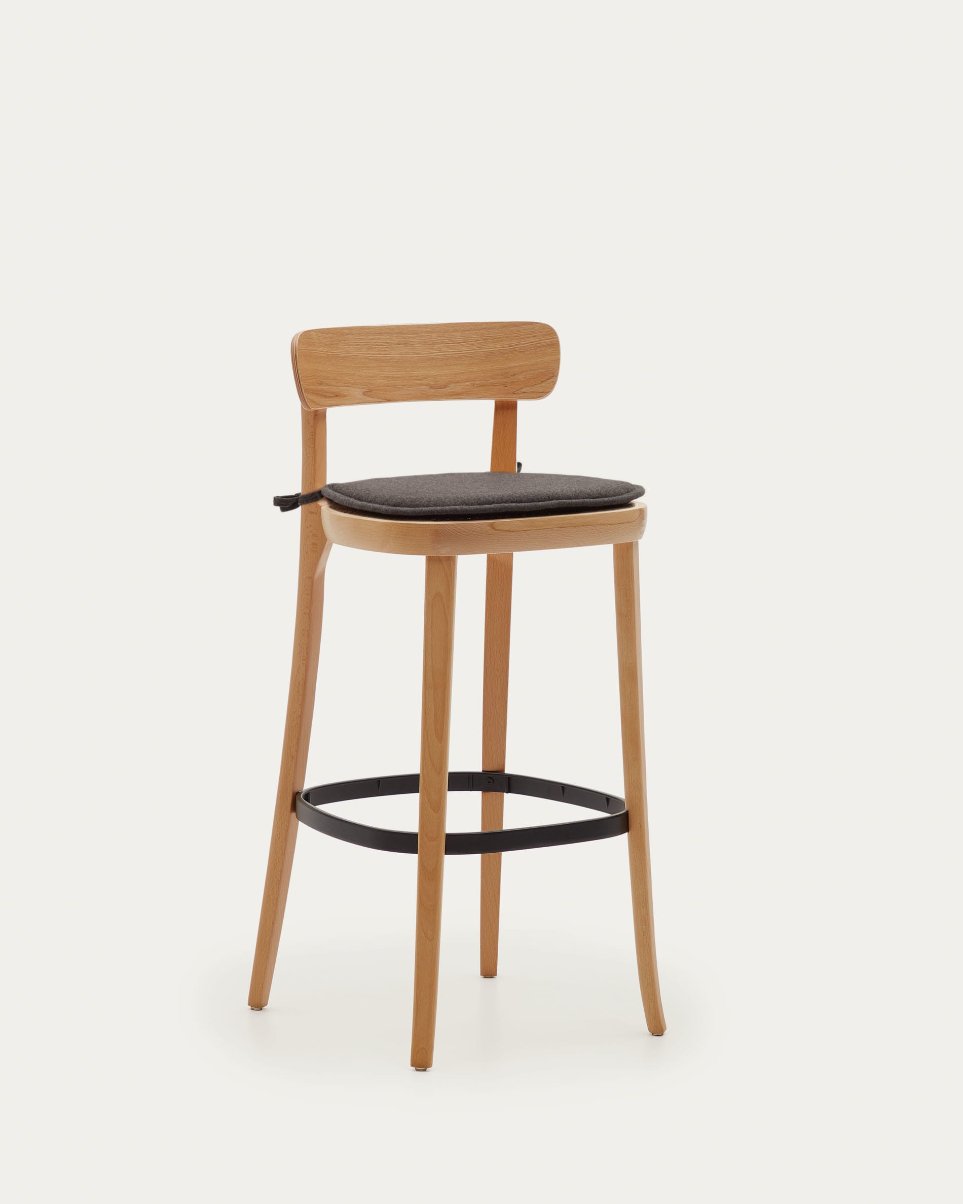 Moderner Romane Hocker aus Buchenholz mit natürlichem Finish, Rattan und Eschenfurnier, 75 cm hoch, perfekt für trendige Bars und stilvolle Wohnräume.
