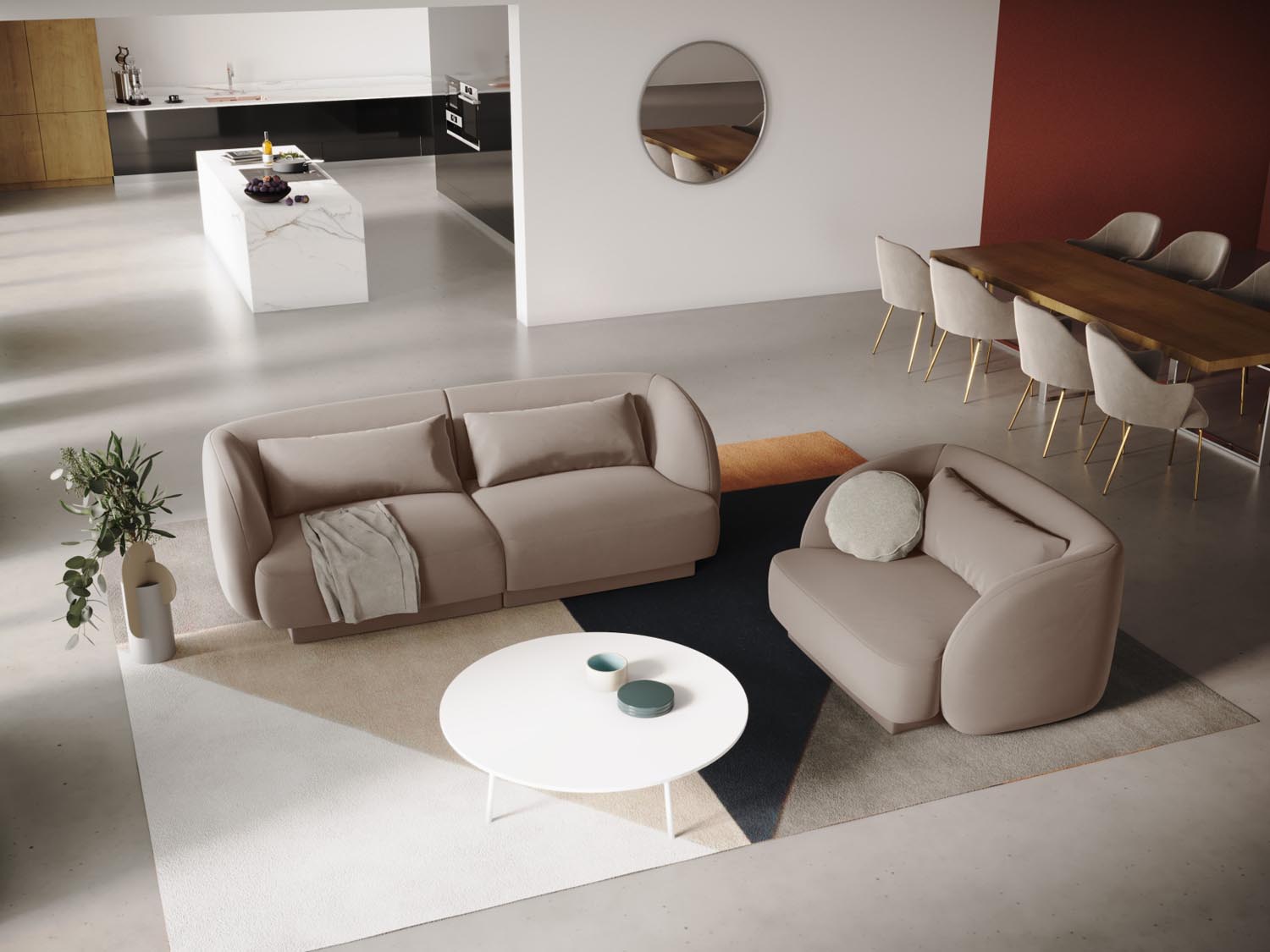 Elegantes Tulum Velour Sofa in sanften Beige-Tönen, ideal für stilvolle Wohnräume. Perfekt für gemütliche Abende zu zweit.