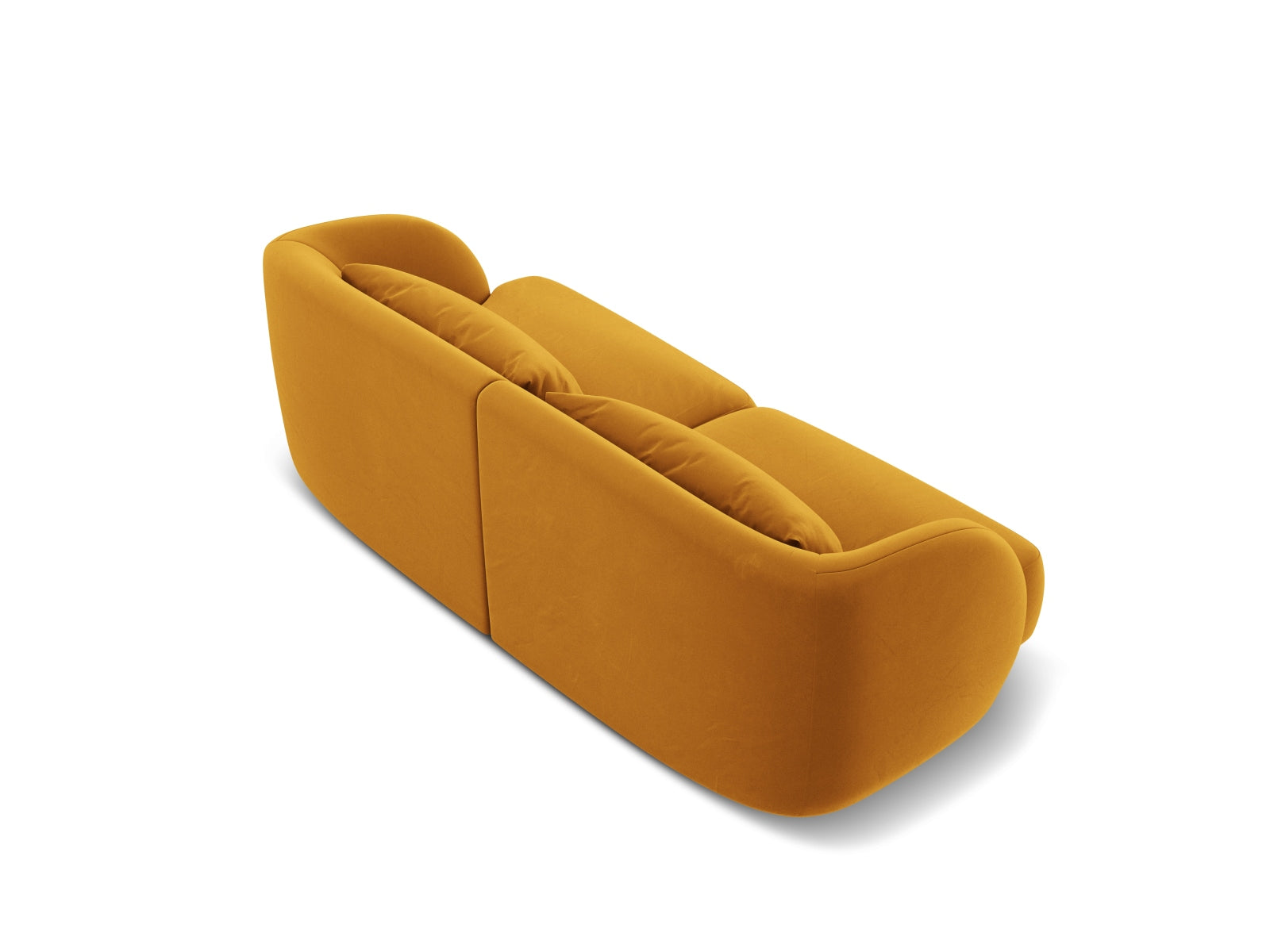 Elegantes 2-Sitzer Sofa Tulum in luxuriösem Velours, harmonische Gelb-Blau-Kombination, perfekt für stilvolle Wohnräume.