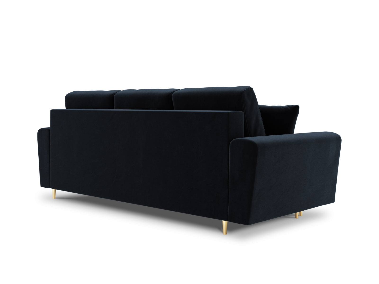 Modernes Kyoto Sofa in tiefem Blau, 3-Sitzer mit praktischer Schlaffunktion und integriertem Stauraum, perfekt für vielseitige Wohnkonzepte.