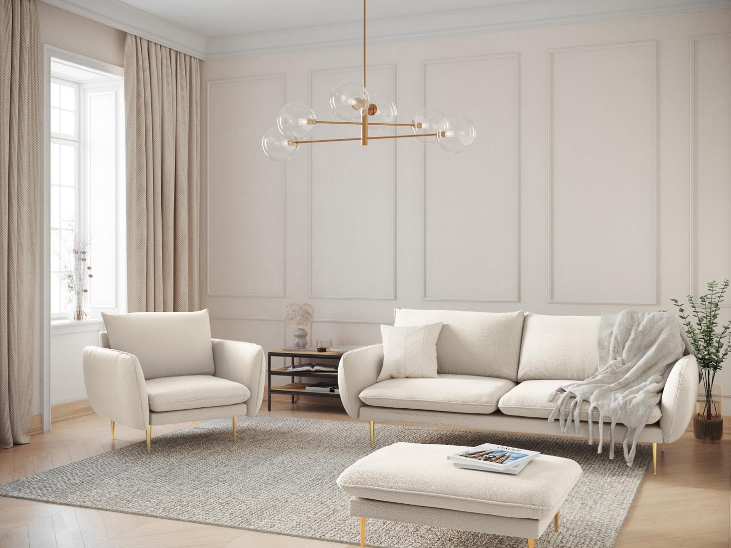 Elegantes 3-Sitzer Sofa "Vienna" in Boucle-Optik, 92 cm, in Beige und Gold, ideal für stilvolle Wohnräume.