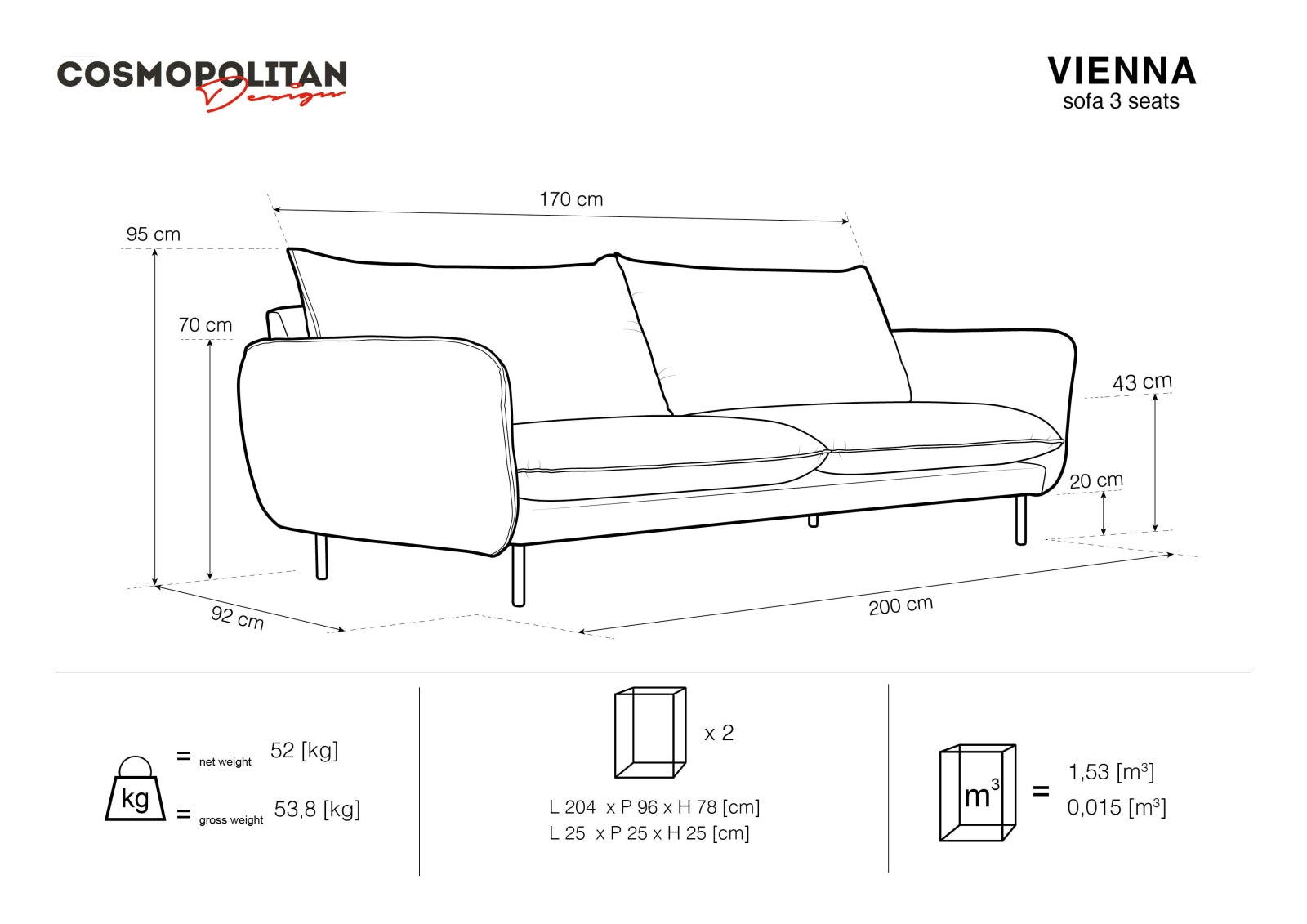 Elegantes 3-Sitzer Sofa "Vienna" aus weichem Boucle, 92 cm breit, perfekt für stilvolle und einladende Wohnbereiche.