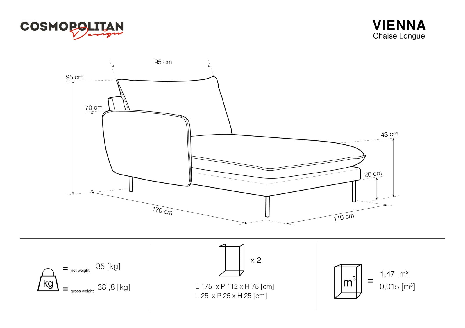 Beige und schwarze Chaise Lounge links, 110 cm, vom Cosmopolitan Design, perfekt für moderne und gemütliche Wohnambiente.