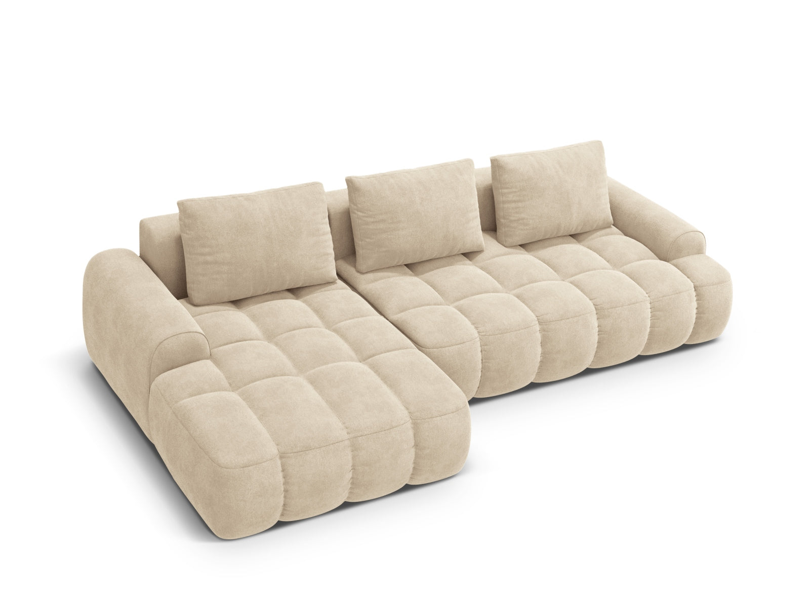 Elegantes Linz Ecksofa links mit Schlafoption und Stauraum, 3-Sitzer in hellem Beige, ideal für stilvolle Wohnräume.