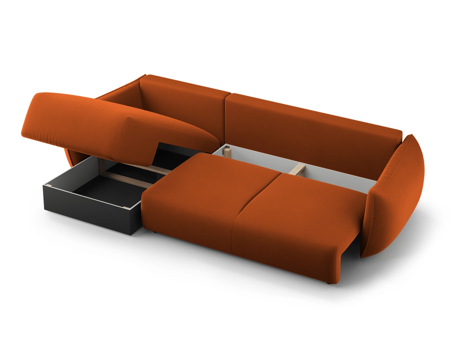 Elegantes 4-Sitzer Ecksofa in Terracotta, ideal für entspannte Nächte und zusätzlichen Stauraum, vereint Funktionalität und modernes Design.