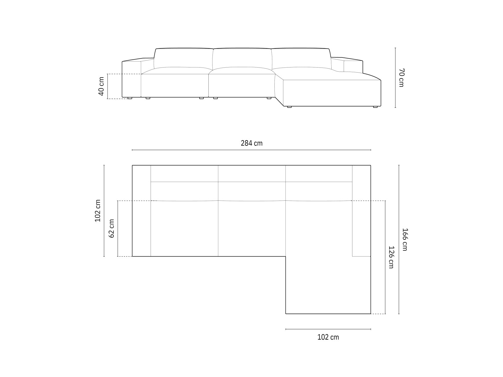 Rechtsseitiges Chicago Ecksofa für 4 Personen, 166 cm, modernes Design von Cosmopolitan, ideal für stilvolle und einladende Wohnräume.