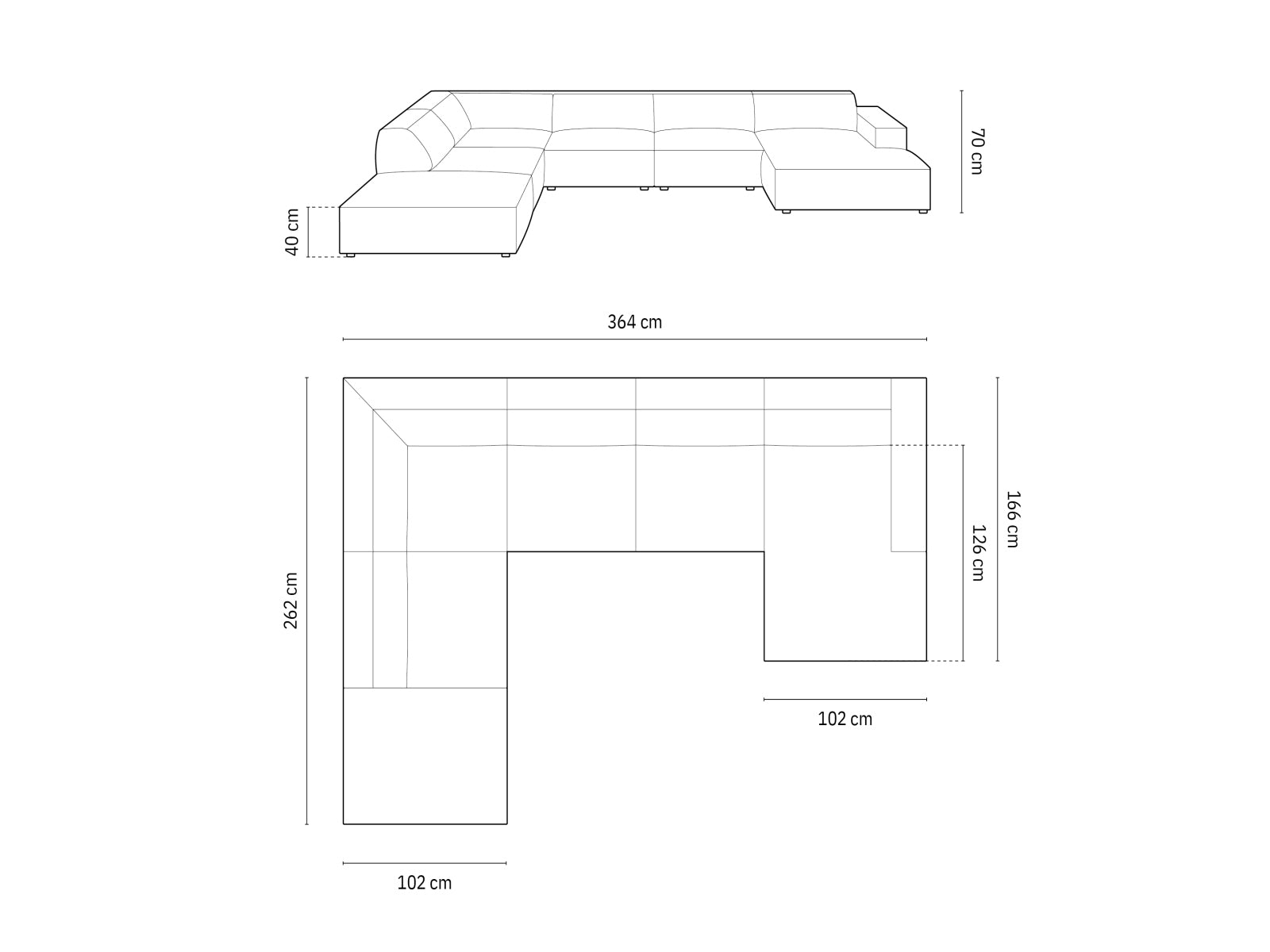 Modernes 7-Sitzer Ecksofa Chicago Panoramic links, 262 cm, perfekt für gesellige Runden und elegantes Wohndesign.
