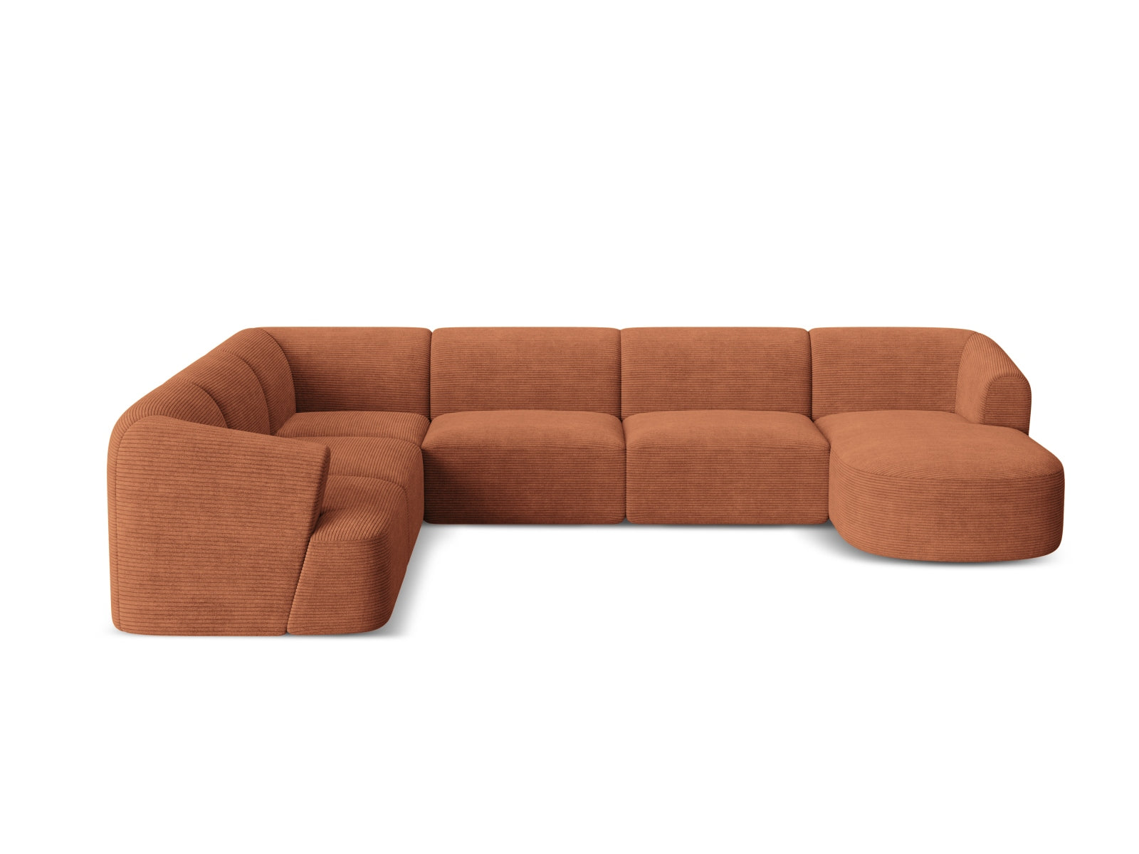 Elegantes 7-Sitzer Ecksofa Panoramic links Campi in warmem Terracotta, ideal für entspannte Stunden und stilvolle Einrichtung.