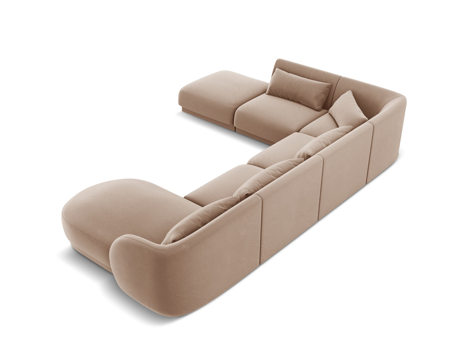 Beige Velour Panoramic Ecksofa Tulum, 6 Sitzer, 255 cm, stilvolles und komfortables Möbel für moderne Wohnräume von Cosmopolitan Design.