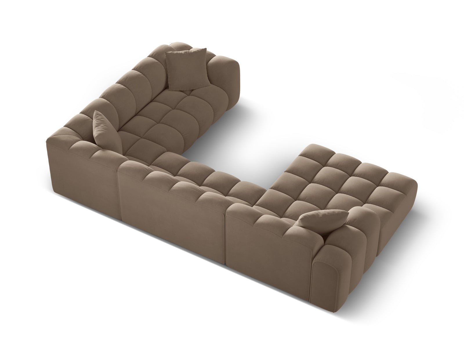 Stilvolles 4-Sitzer Panoramic Ecksofa rechts Treno in edlem Cappuccino-Bluvel, perfekt für zeitgemäße Wohnkonzepte.