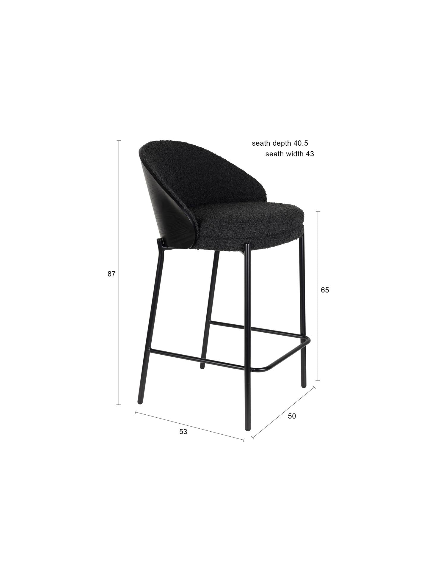 Moderner Barstuhl Rodin Bouclé Black von Dutchbone, mit weichem Bouclé-Bezug und zeitgemäßem Design, perfekt für Bars und Essbereiche.