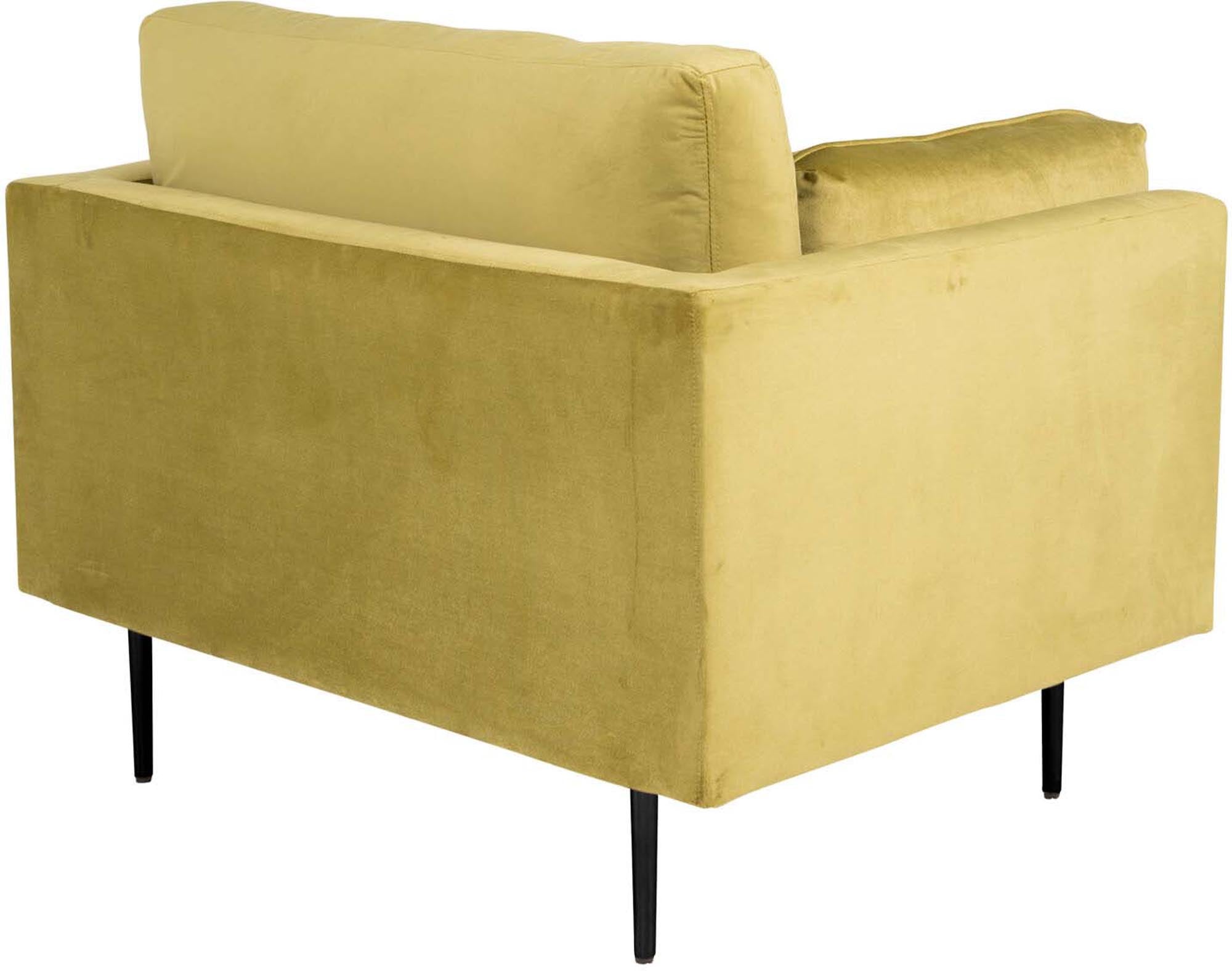 Entdecken Sie den Boom Sessel von Venture Home: Moderner Stil mit weichem Samtbezug und komfortablen Armlehnen für Ihr Zuhause.