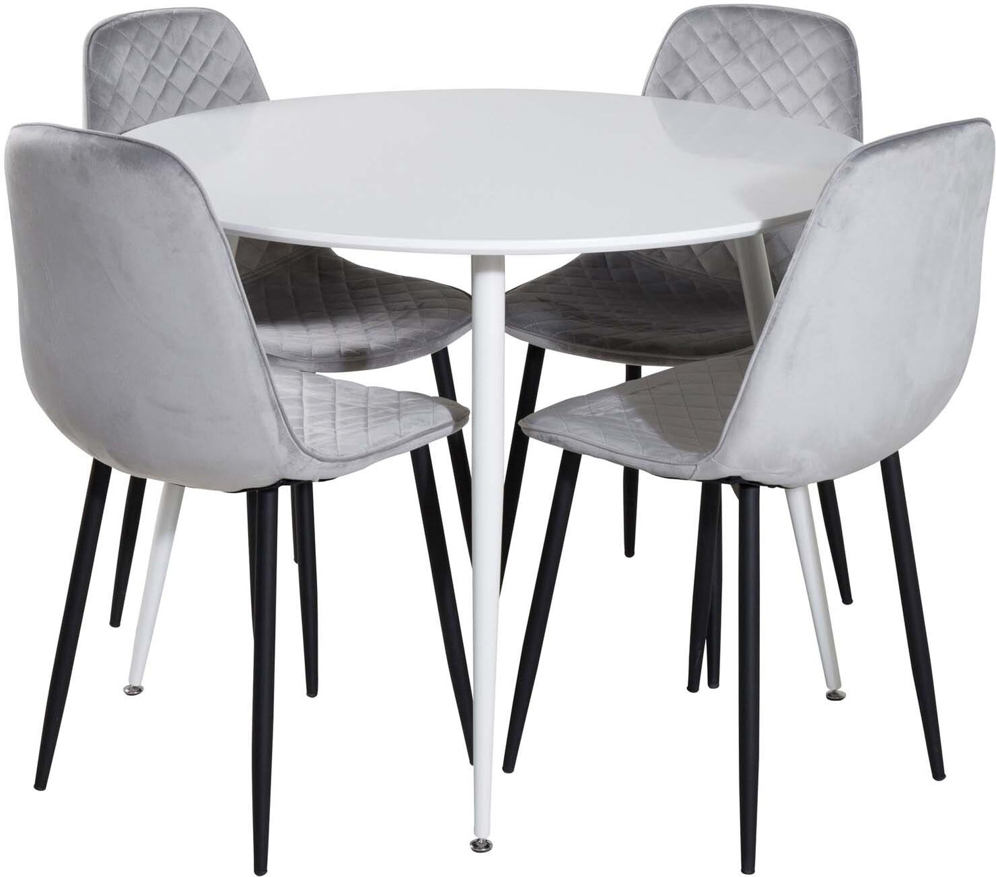 Elegantes Esszimmerset Plaza mit rundem Tisch (⌀100 cm) und 4 stilvollen Samtstühlen Polar, ideal für gesellige Abende und modernes Wohndesign.