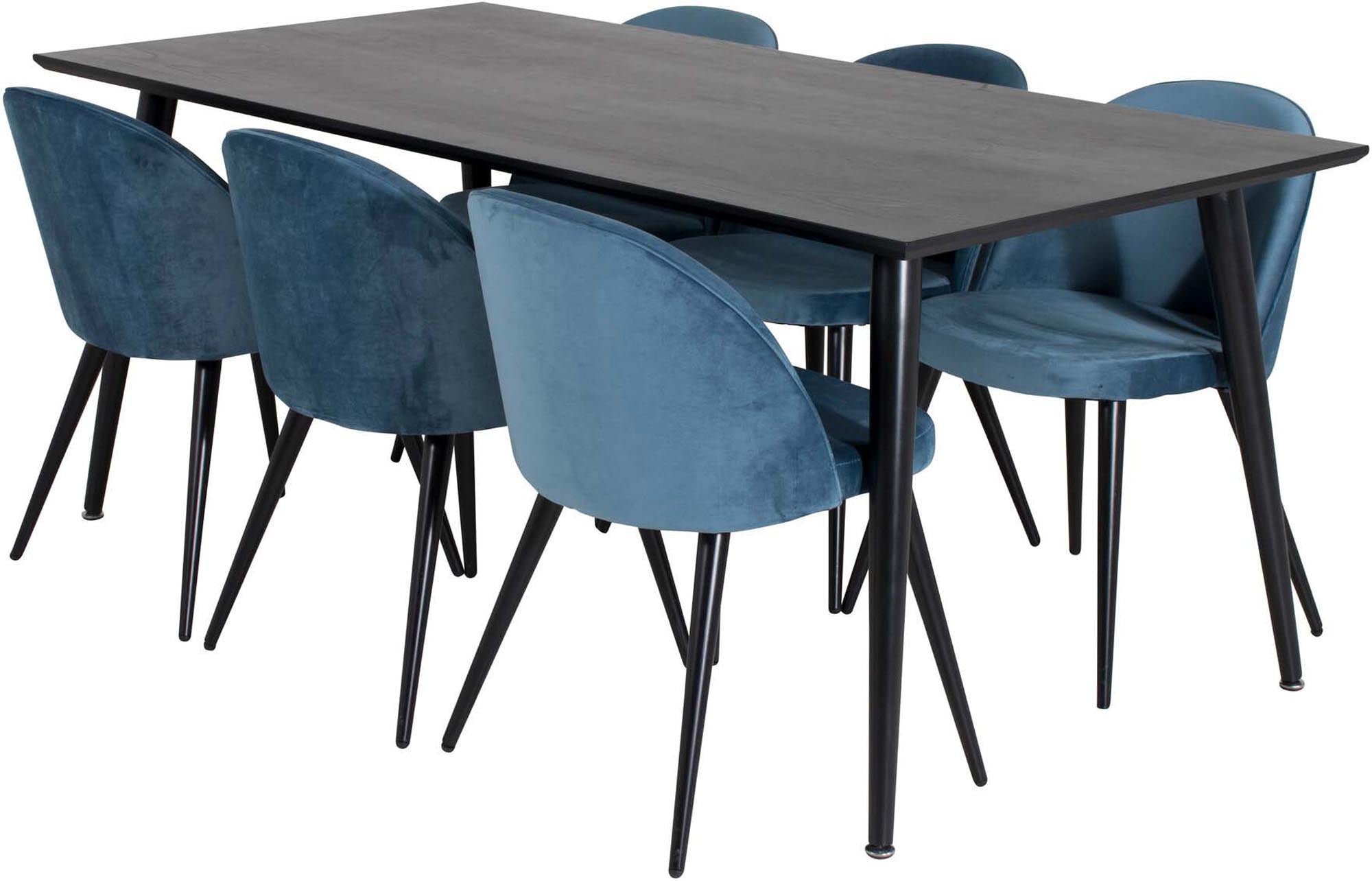 Modernes Esszimmerset bestehend aus einem 180 cm langen Tisch und 6 luxuriösen Samtstühlen, perfekt für einladende Essbereiche.