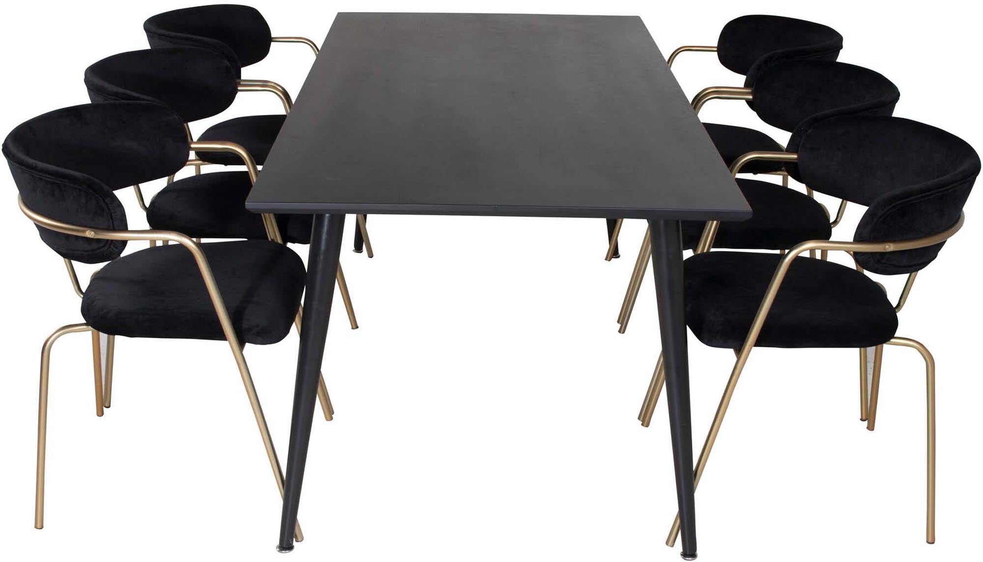 Elegantes Esszimmerset mit einem 180 cm langen Tisch und 6 luxuriösen Arrow-Stühlen aus Samt, perfekt für stilvolle Dinner-Events.