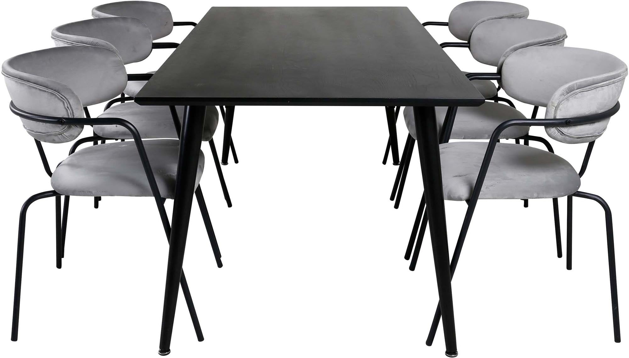 Elegantes Esszimmerset bestehend aus einem 180 cm langen Tisch und 6 komfortablen Arrow-Samtstühlen, ideal für gesellige Abende.