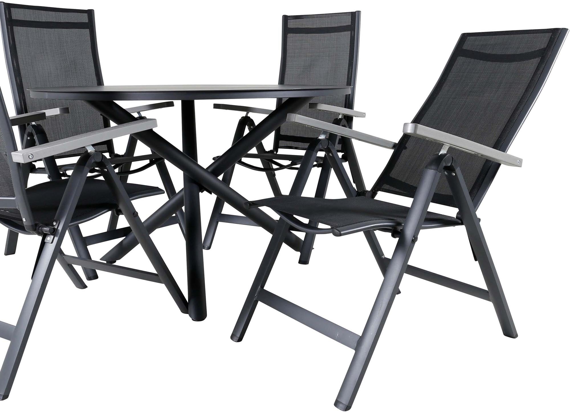 Stilvolles Alma Gartentischset mit einem runden Tisch und vier Albany-Stühlen in Schwarz, ideal für entspannte Stunden im Freien.