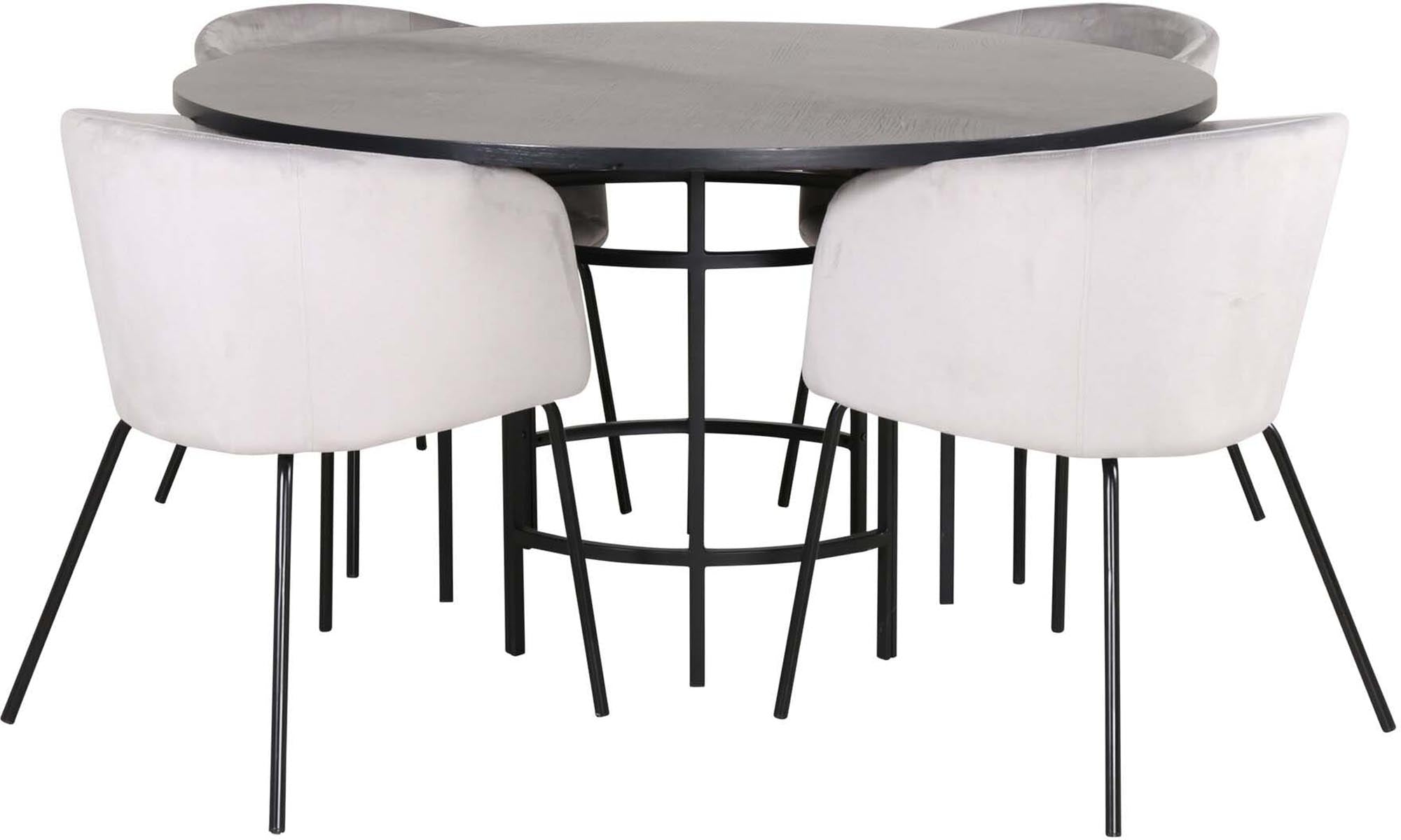 Entdecken Sie das elegante Esszimmerset Copenhagen + Berit mit einem runden Tisch und vier stilvollen Stühlen für gesellige Runden.