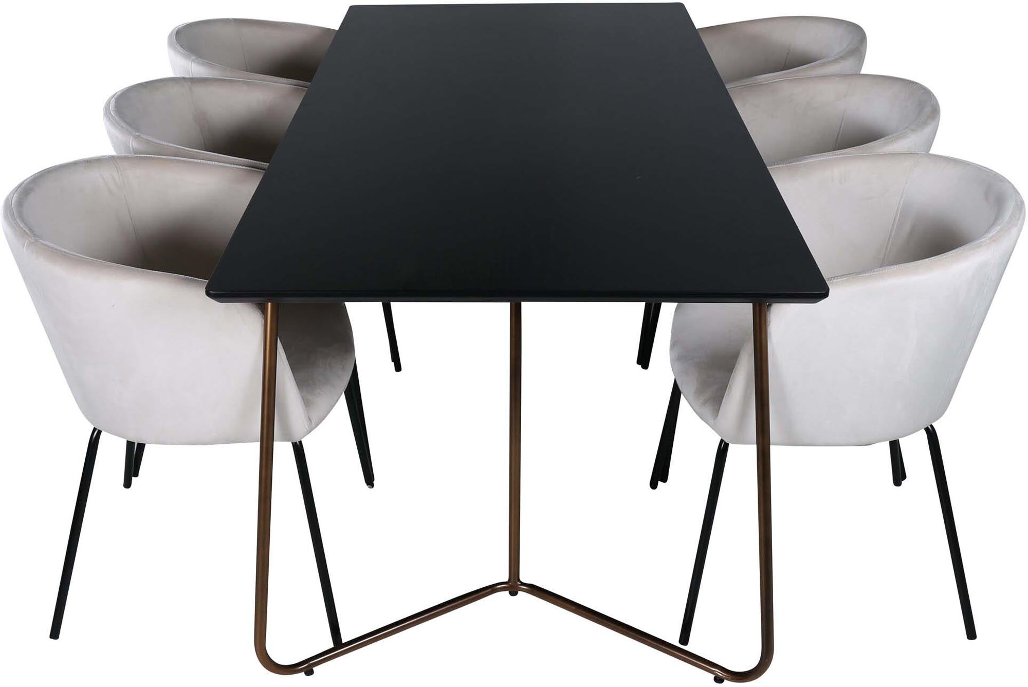 Modernes Esszimmerset bestehend aus einem 190 cm langen Tisch und sechs stilvollen Berit-Stühlen, perfekt für gemütliche Familienessen und elegante Anlässe.