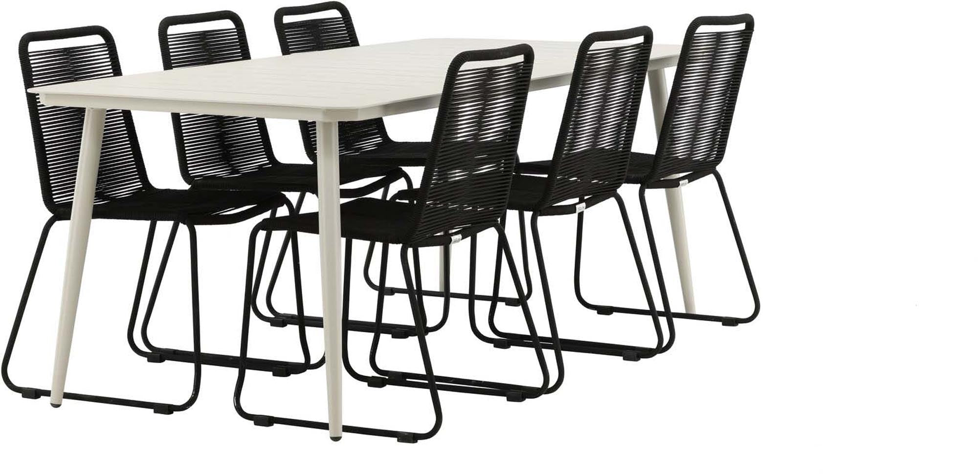 Entdecken Sie das elegante Lina Outdoor-Tischset mit 6 stapelbaren Lindos Stühlen. Ideal für gesellige Momente im Freien, modern und pflegeleicht.