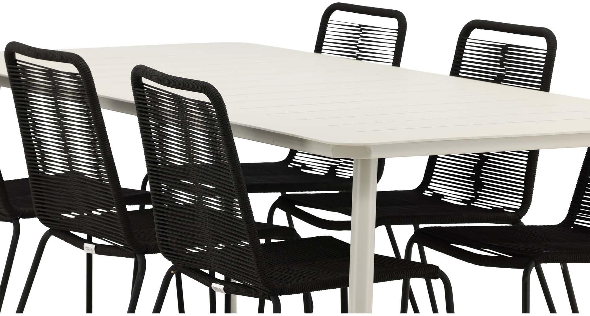 Lina Outdoor-Tischset: Elegantes Design mit 6 stapelbaren Lindos Stühlen, ideal für stilvolle Gartenmomente und pflegeleichte Nutzung.