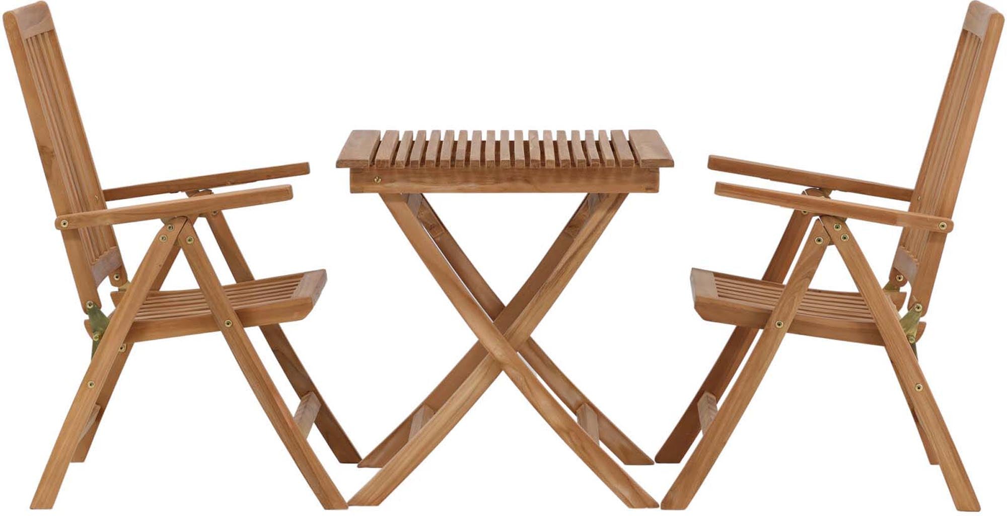Hochwertiges Ghana Outdoor-Tischset mit klappbaren Kenya Stühlen aus Teakholz – ideal für gemütliche Stunden im Freien.