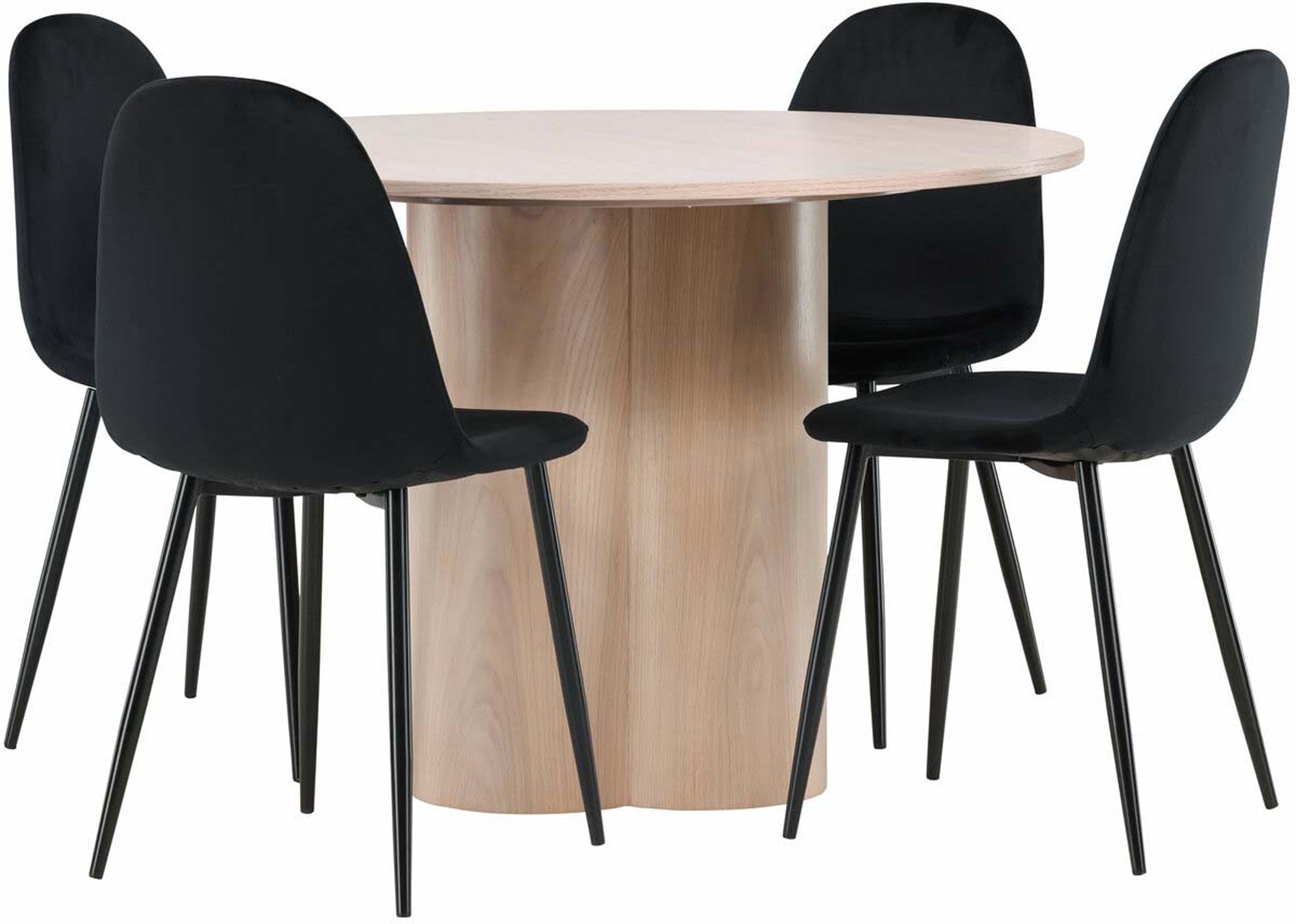 Modernes Esszimmer Set Olivia mit einem runden Tisch (⌀110cm) und vier eleganten Stühlen, ideal für stilvolle Essbereiche.
