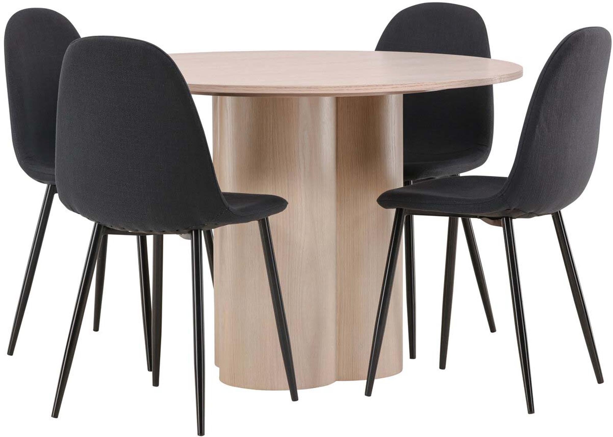 Modernes Esszimmer Set Olivia mit einem runden Tisch (⌀110cm) und vier stilvollen Stühlen, perfekt für gesellige Runden und stilvolle Einrichtung.