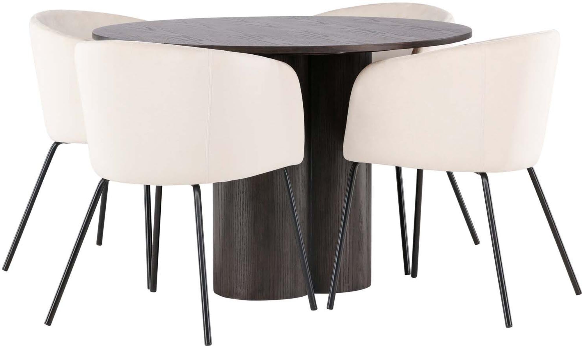 Elegantes Esszimmer Set Olivia mit runden Tisch (⌀110 cm) und 4 komfortablen Berit Stühlen. Ideal für stilvolle Essbereiche und gesellige Runden.