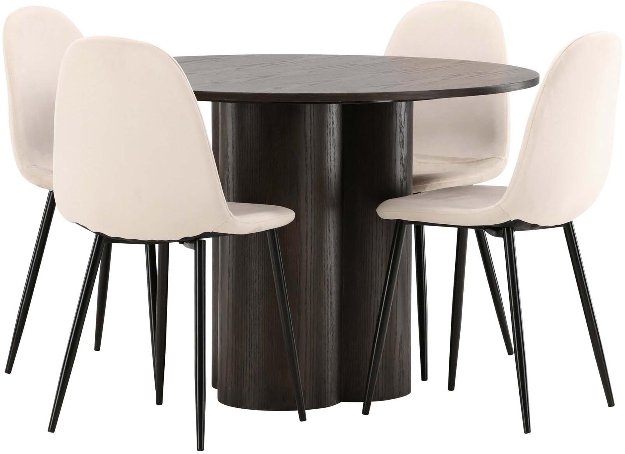 Modernes Esszimmer Set Olivia mit rundem Polar Tisch (⌀110cm) und vier stilvollen Stühlen für ein einladendes Ambiente.