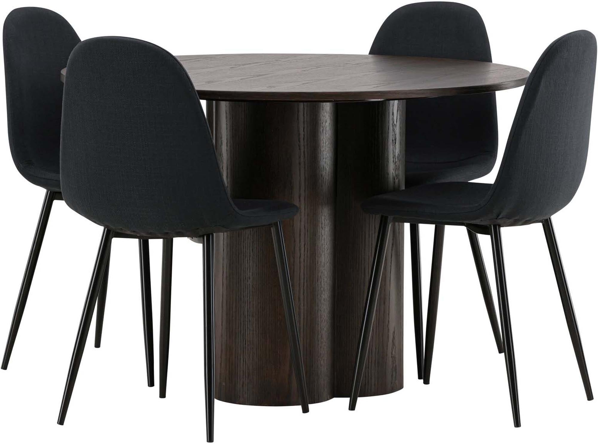 Elegantes Esszimmer Set Olivia mit runden Tisch und vier stilvollen Samt-Stühlen, ideal für gemütliche Mahlzeiten und modernes Wohnen.