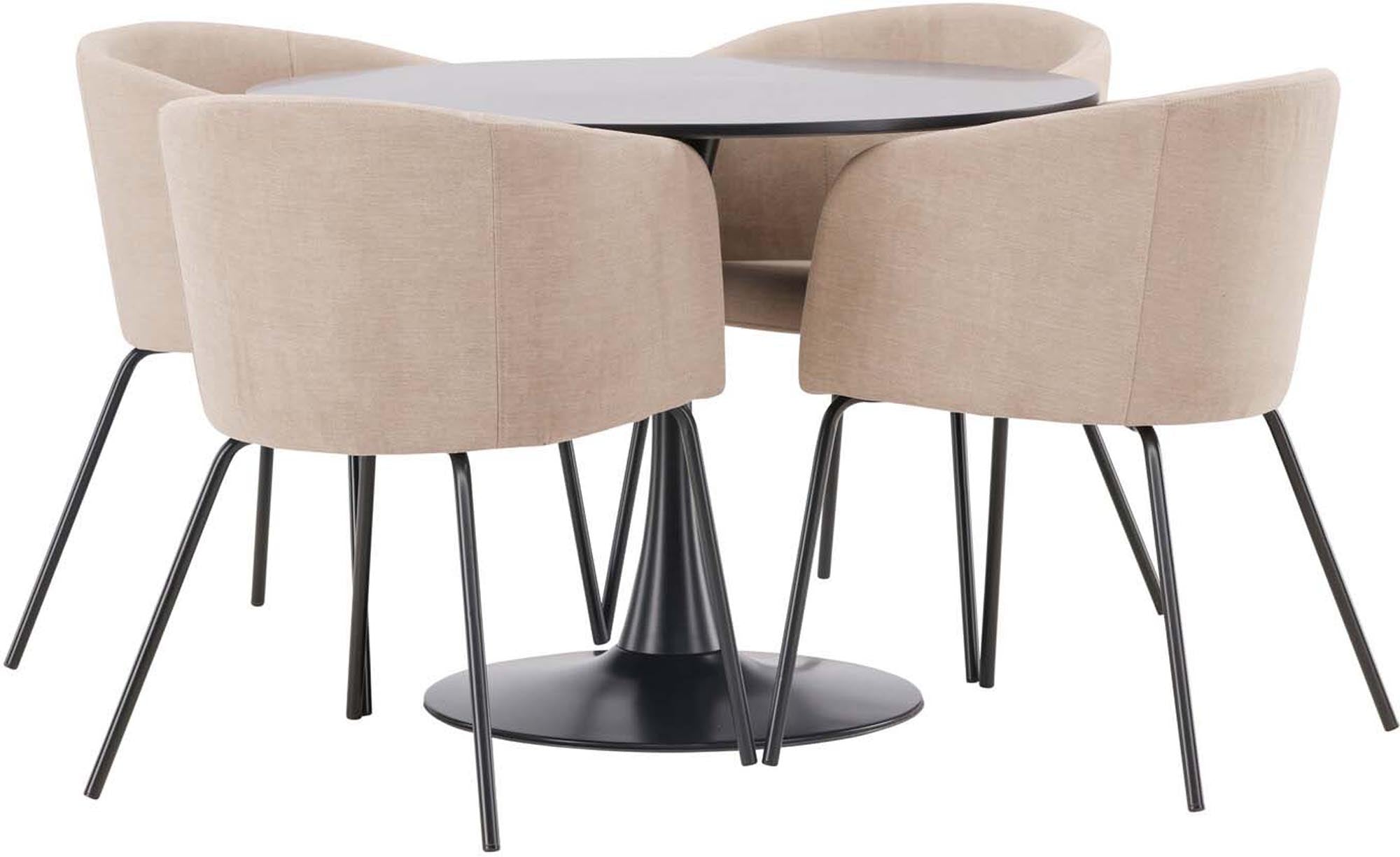 Elegantes Esszimmerset von Venture Home: Rundtisch mit 100 cm Durchmesser und vier stilvollen Samtstühlen im skandinavischen Stil.