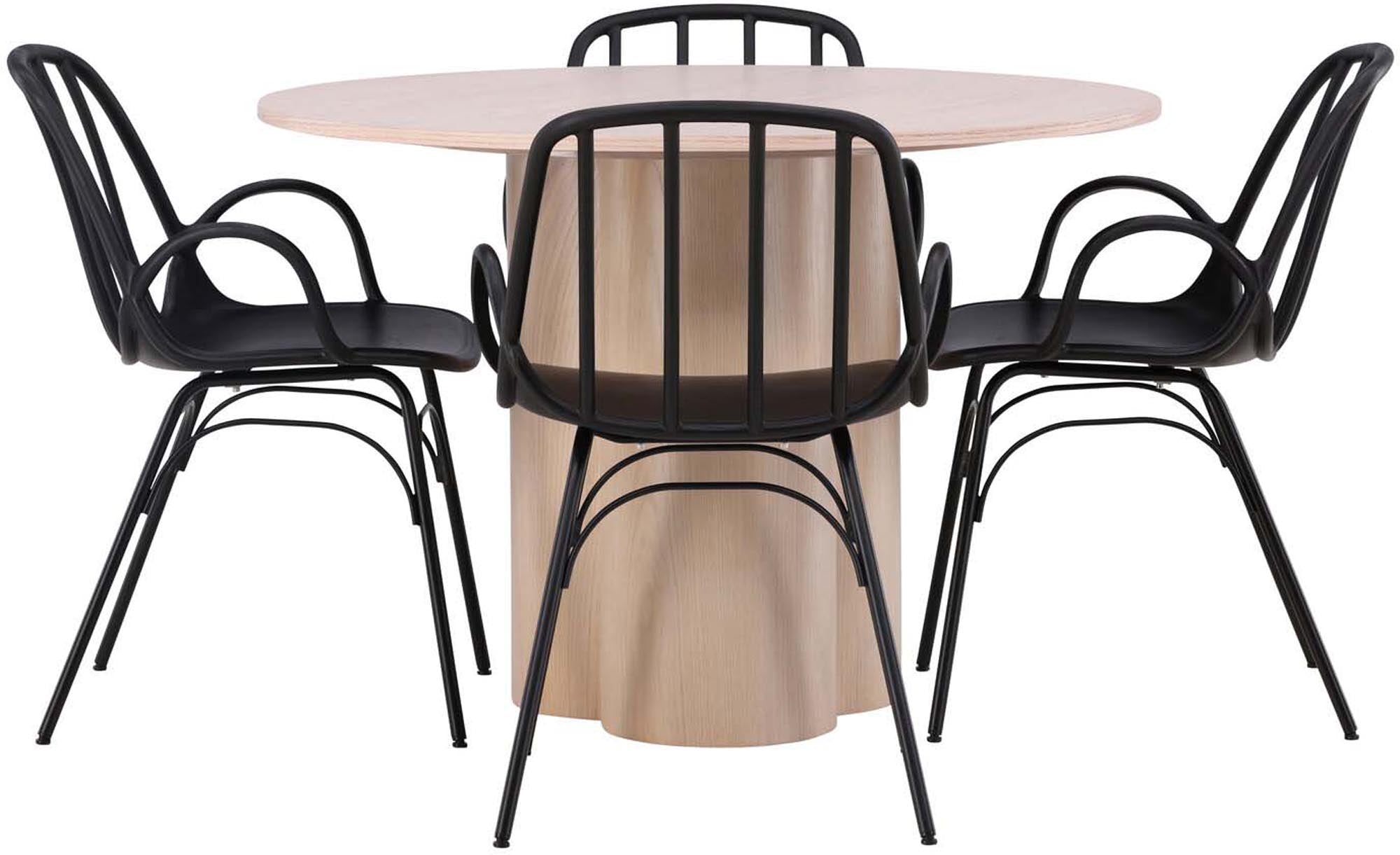 Modernes Esszimmerset bestehend aus einem runden Dyrön Tisch (110cm) und vier stilvollen Stühlen, perfekt für gemütliche Mahlzeiten und gesellige Zusammenkünfte.