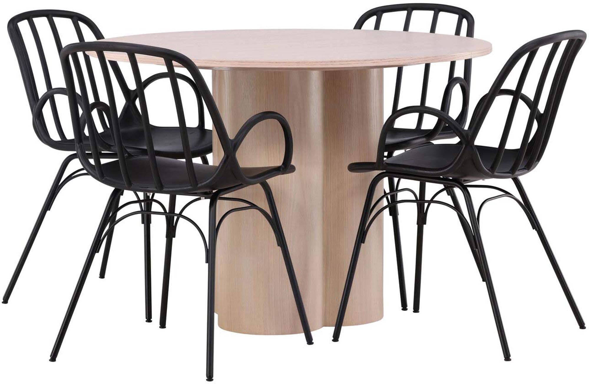 Elegantes Esszimmerset Olivia mit einem runden Tisch (⌀110cm) und vier modernen Stühlen für einladende Essbereiche.