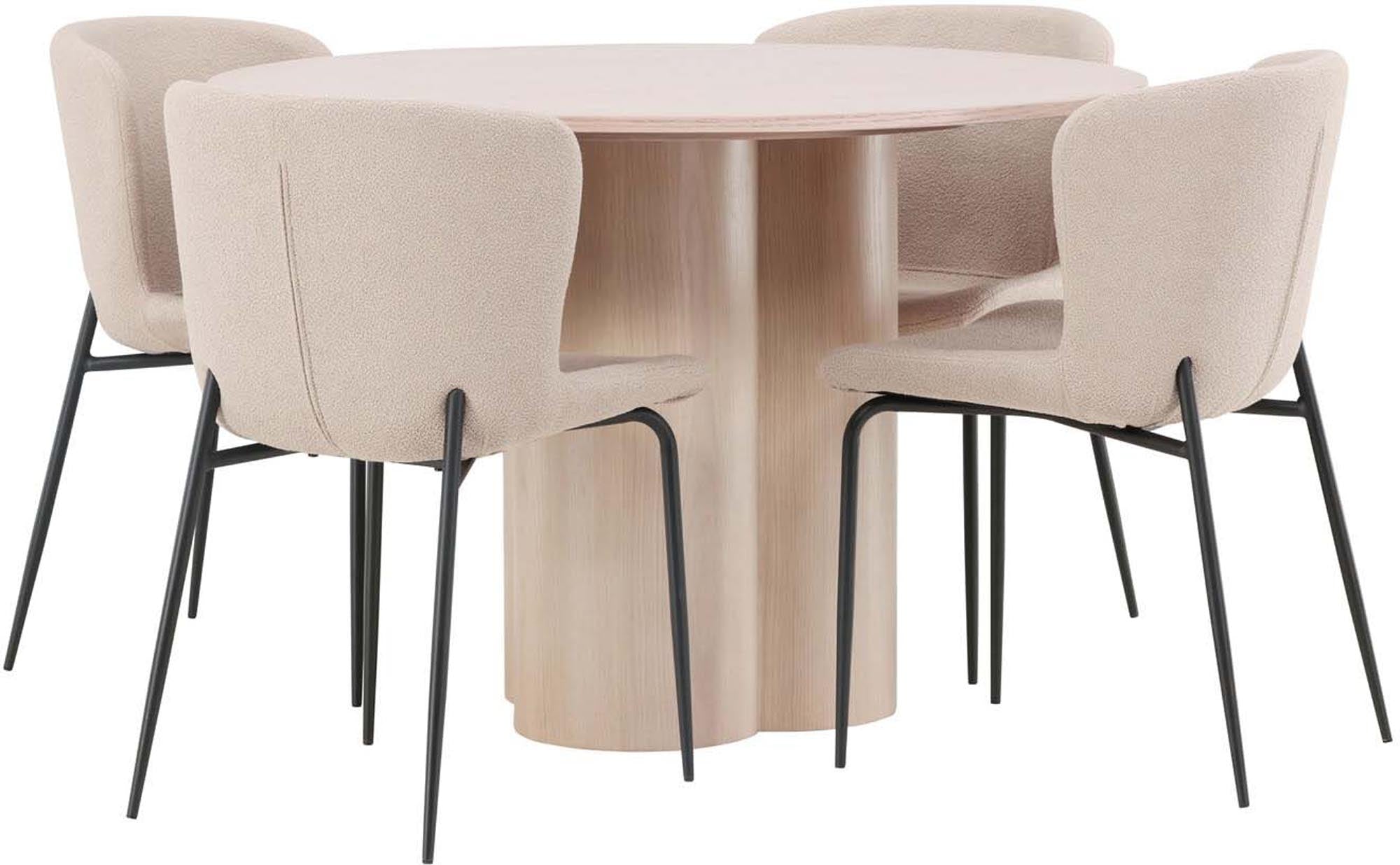 Modernes Esszimmer Set mit runden Modesto Tisch (110 cm) und vier eleganten Stühlen, ideal für stilvolle Essbereiche.